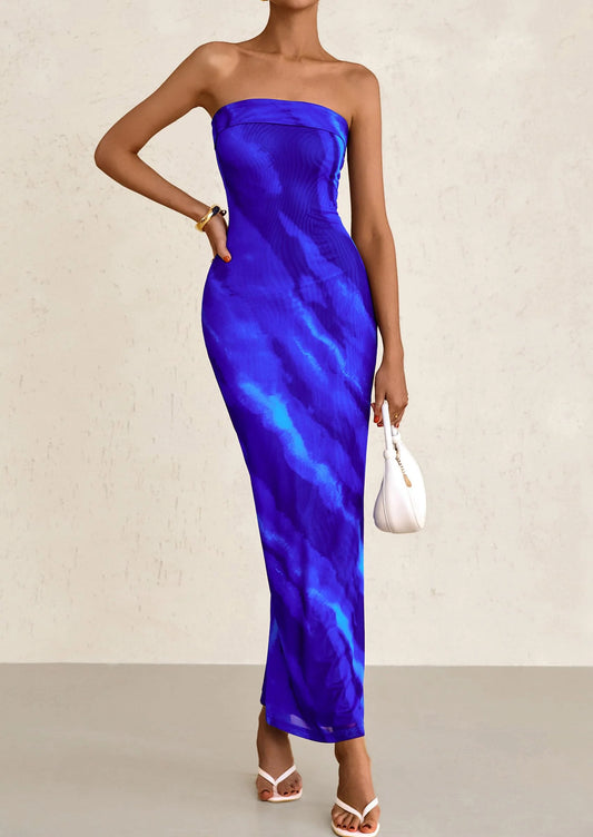Womens Printed Tube Maxi Dress Strapless Bodycon Sleeveless Night Out Long Dresses
