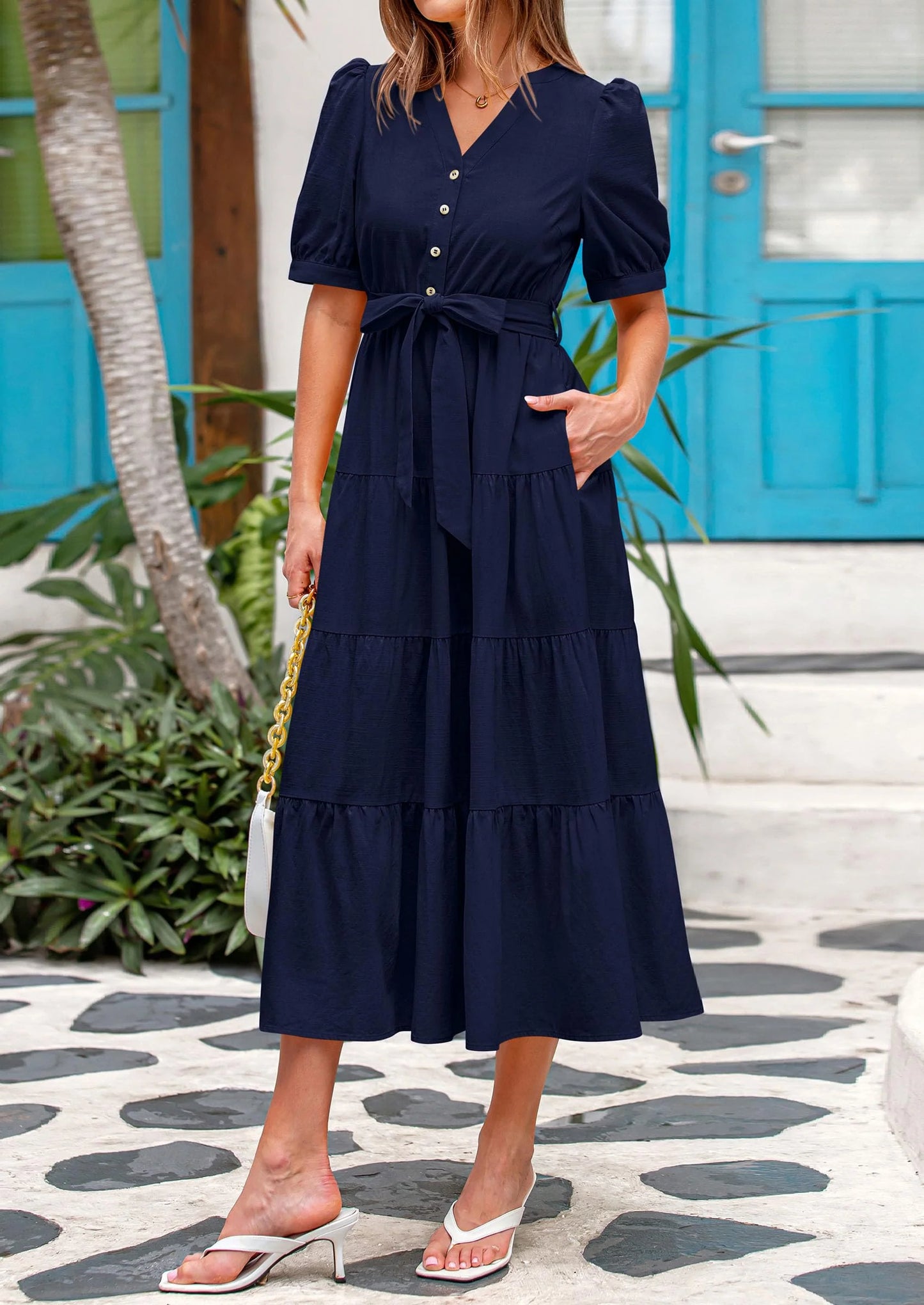 Women's Midi Dress Casual Short Sleeve V Neck Buttons Belted Ruffle A Line Flowy Dress with Pockets