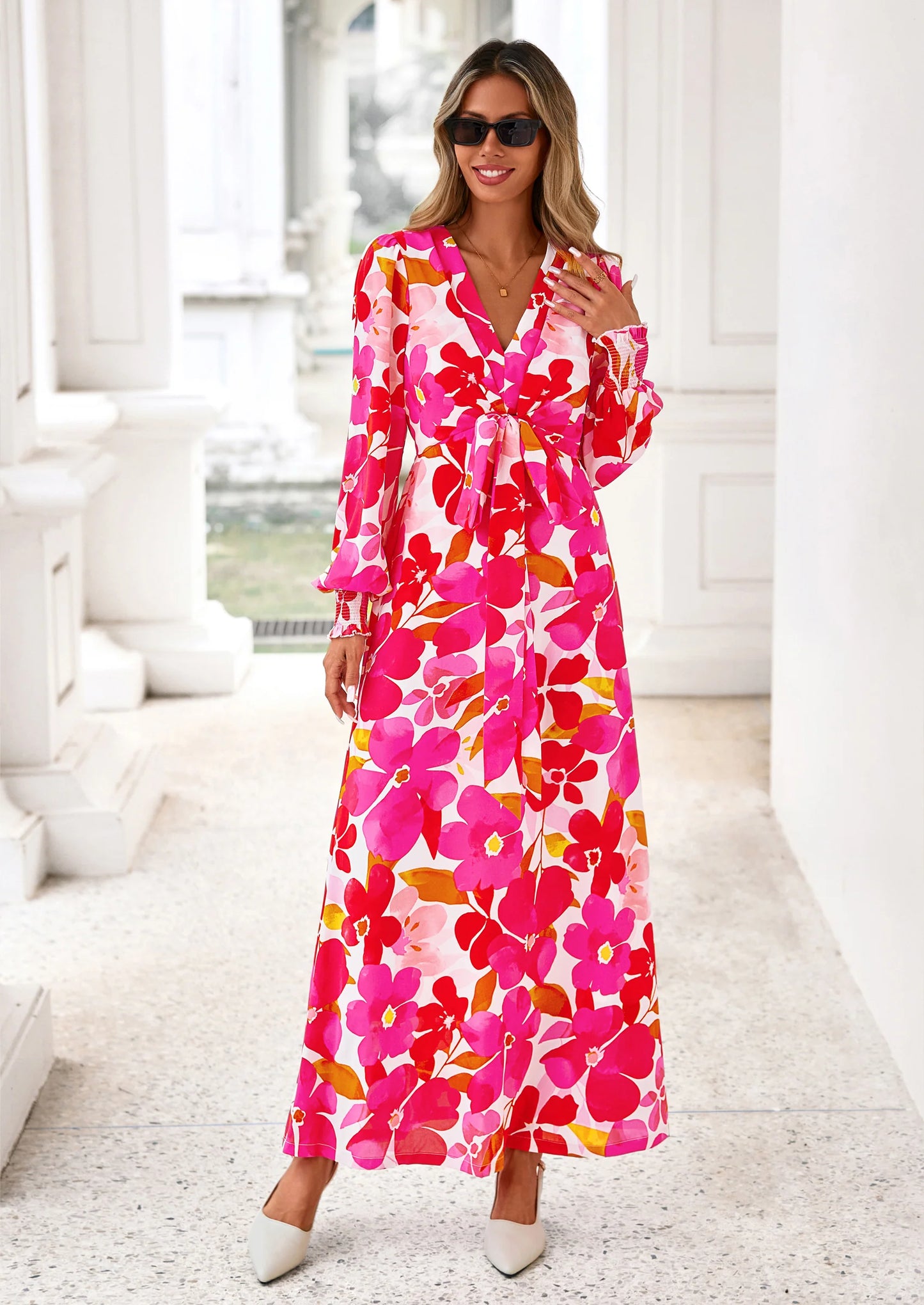 Women's Fall Boho Maxi Dress Floral Long Sleeve V Neck Flowy Belted Elegant Holiday Party Dresses