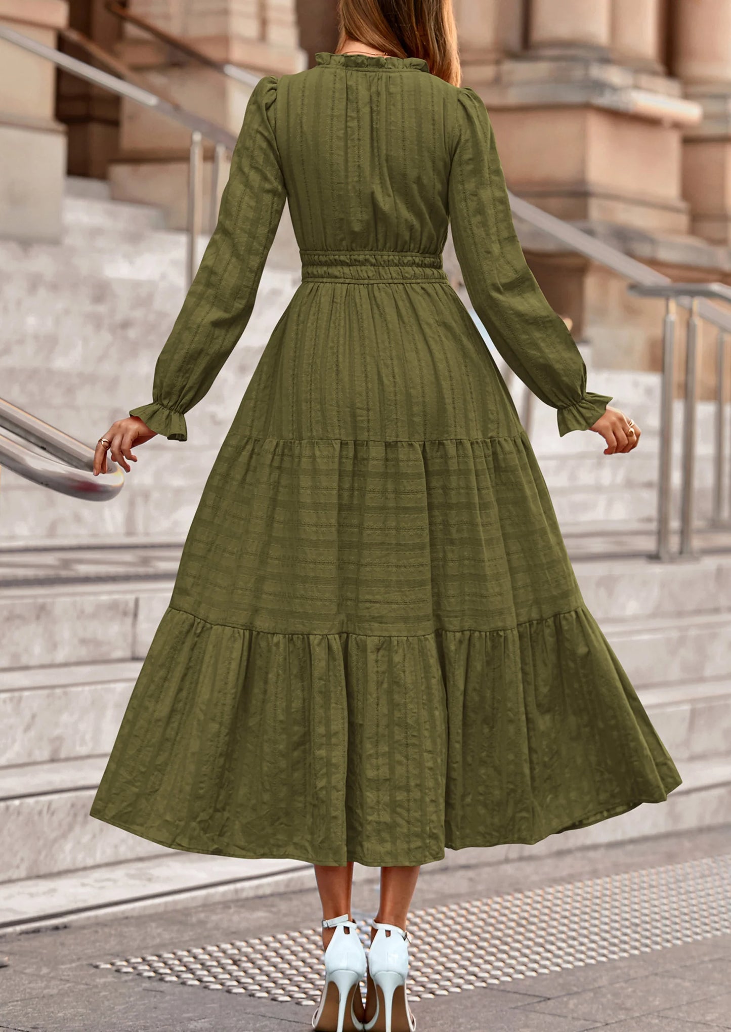 Women's Fall Wedding Guest Dresses Long Sleeve V Neck Flowy Elegant Holiday Party Maxi Dress with Pockets
