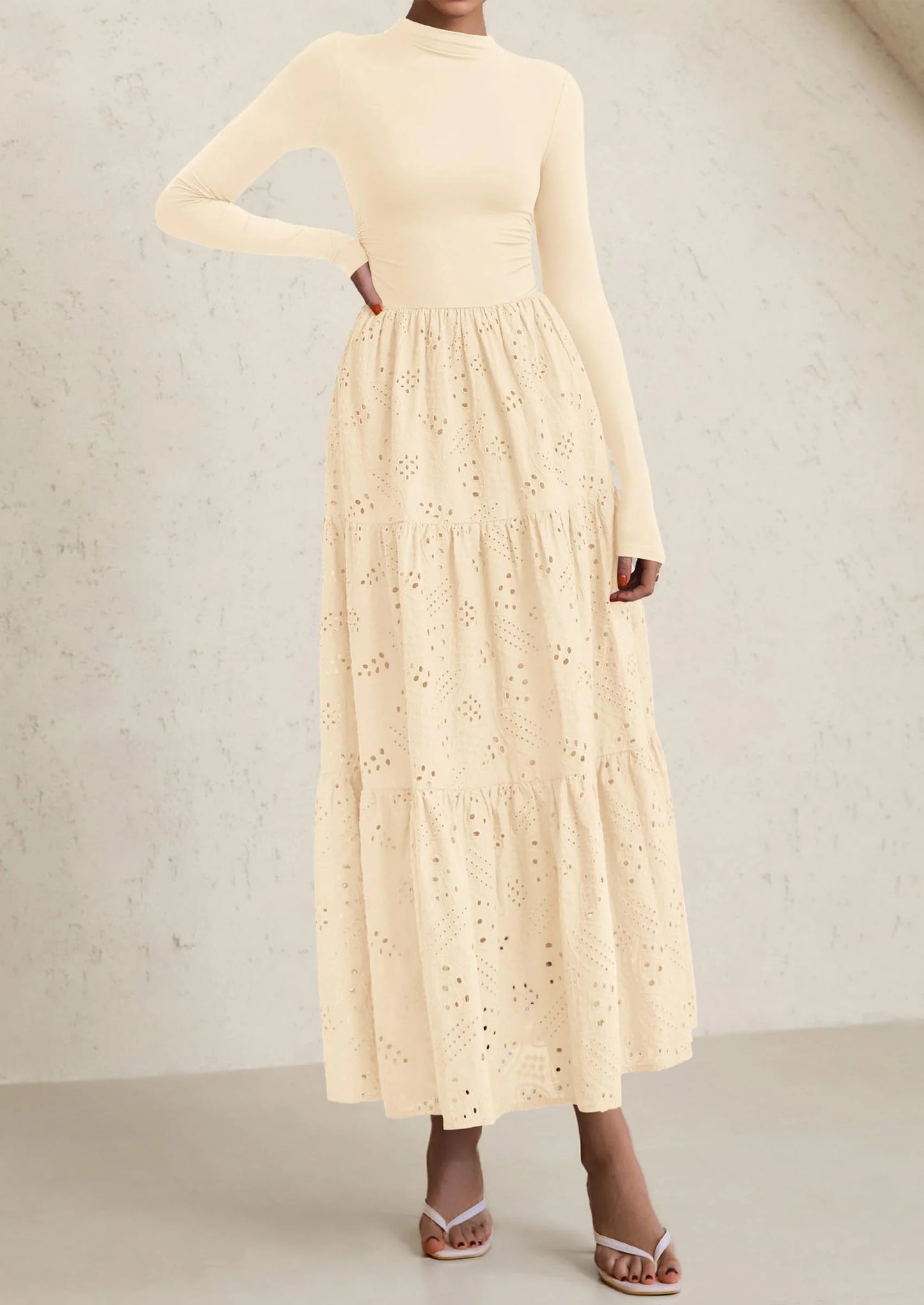 Long Sleeve Dress for Women Fall Eyelet Mock Neck A Line Elegant Classy Maxi Wedding Guest Dresses Pockets