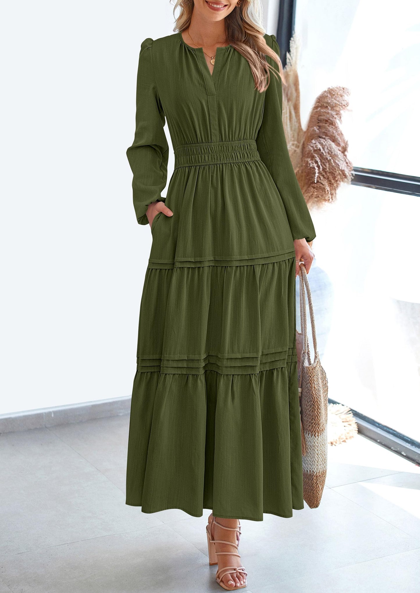 Women's Elegant Maxi Dresses Long Sleeve V Neck Flowy Pockets Casual Modest Dress Fall Fashion Clothes