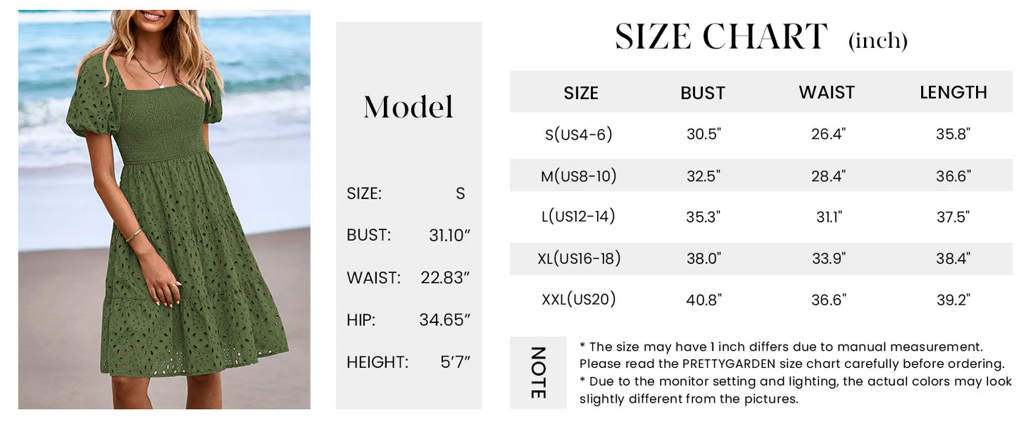 Womens Summer Puff Sleeve Mini Dress Off Shoulder Eyelet Smocked A Line Casual Babydoll Short Dresses