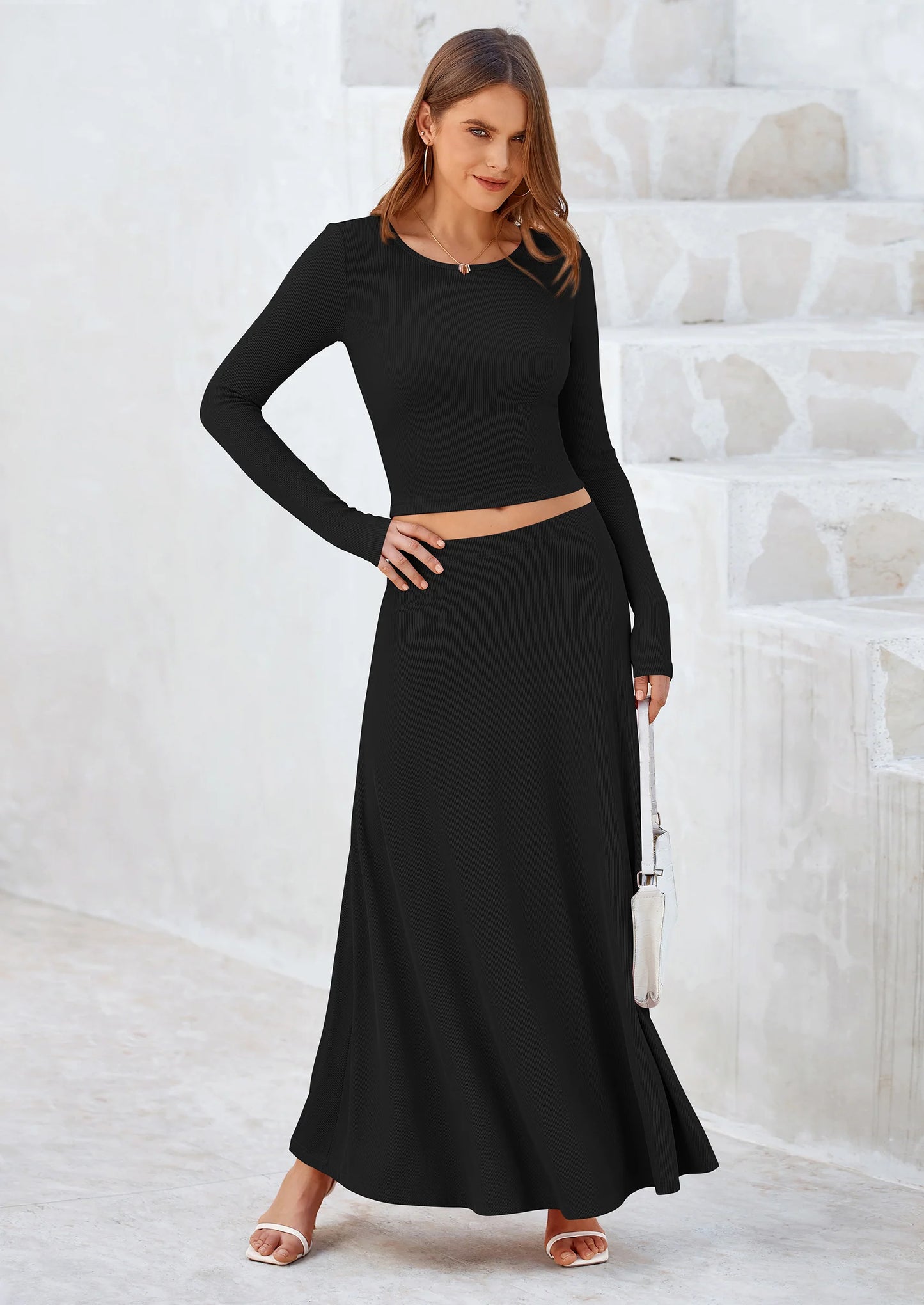 2 Piece Casual Ribbed Knit Long Sleeve Crop Tops Maxi Flowy Skirts Matching Sets