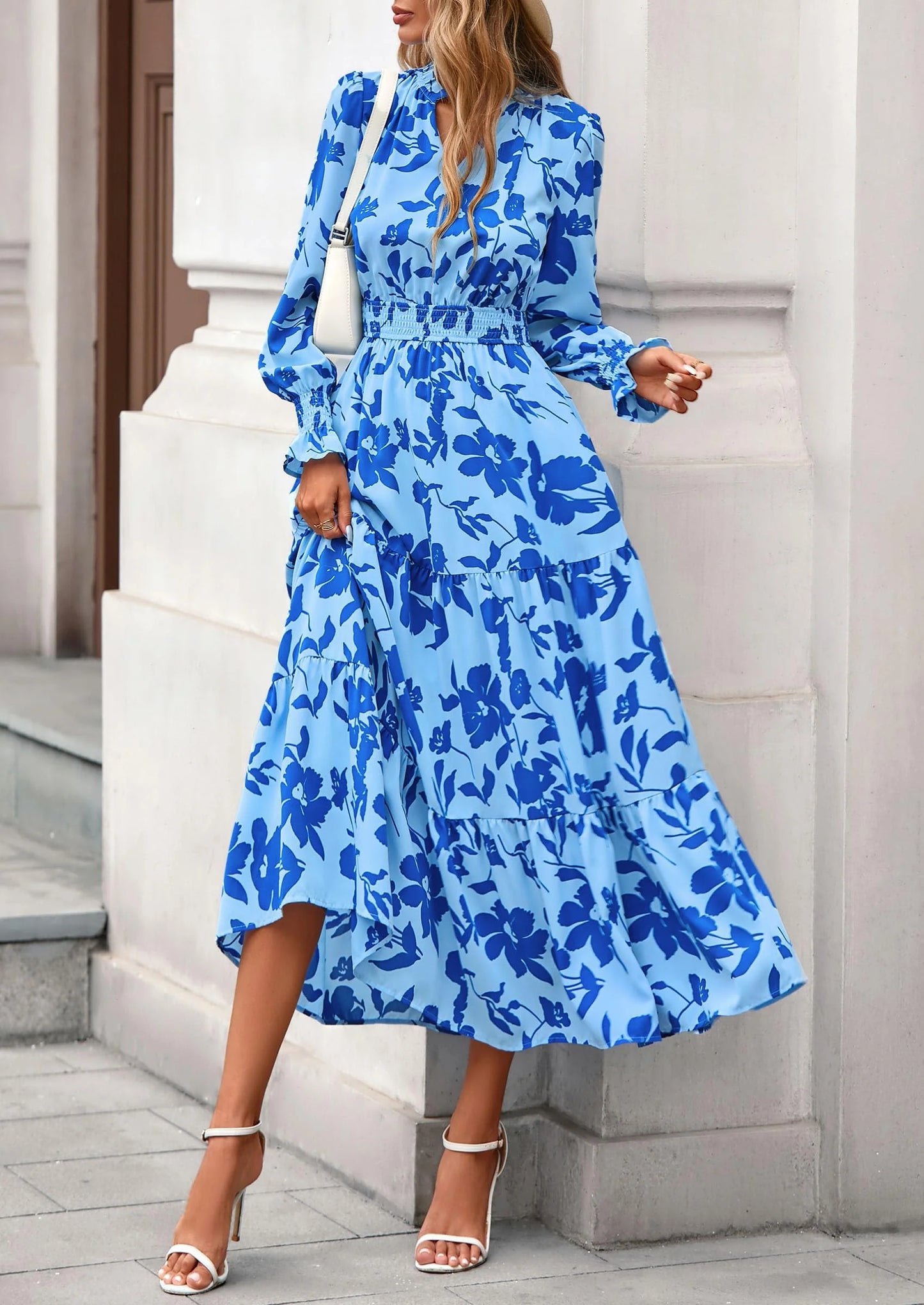 Women's Floral Maxi Dress Spring Long Sleeve V Neck Casual A Line Long Flowy Boho Party Dresses