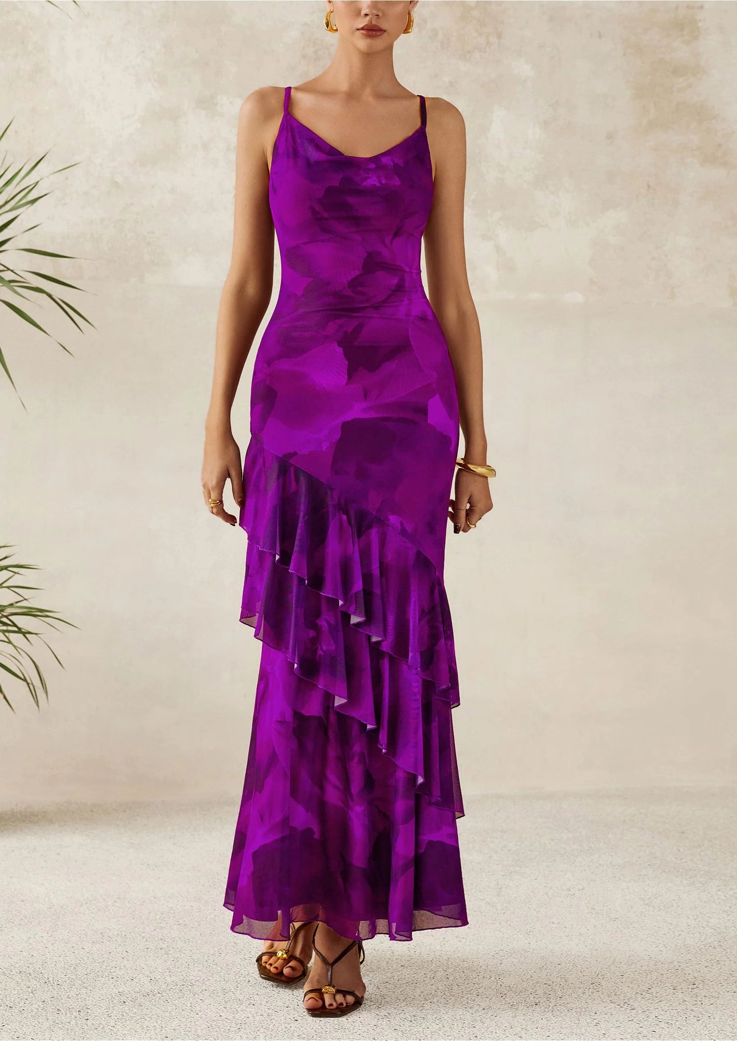 Maxi Dresses for Women Floral Beach Sundress Spaghetti Strap Tiered Wedding Guest Long Dress