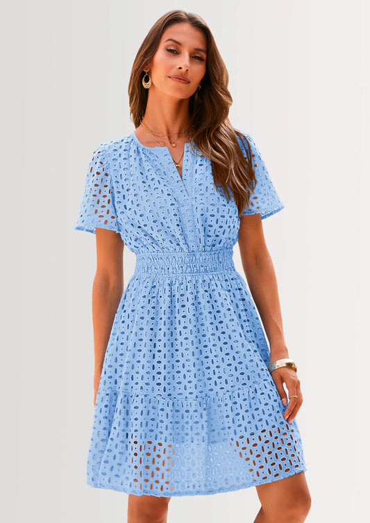 Women Summer Short Dress V Neck Short Sleeve A Line Hollow Out Lace Ruffle Cute Casual Beach Party Dresses