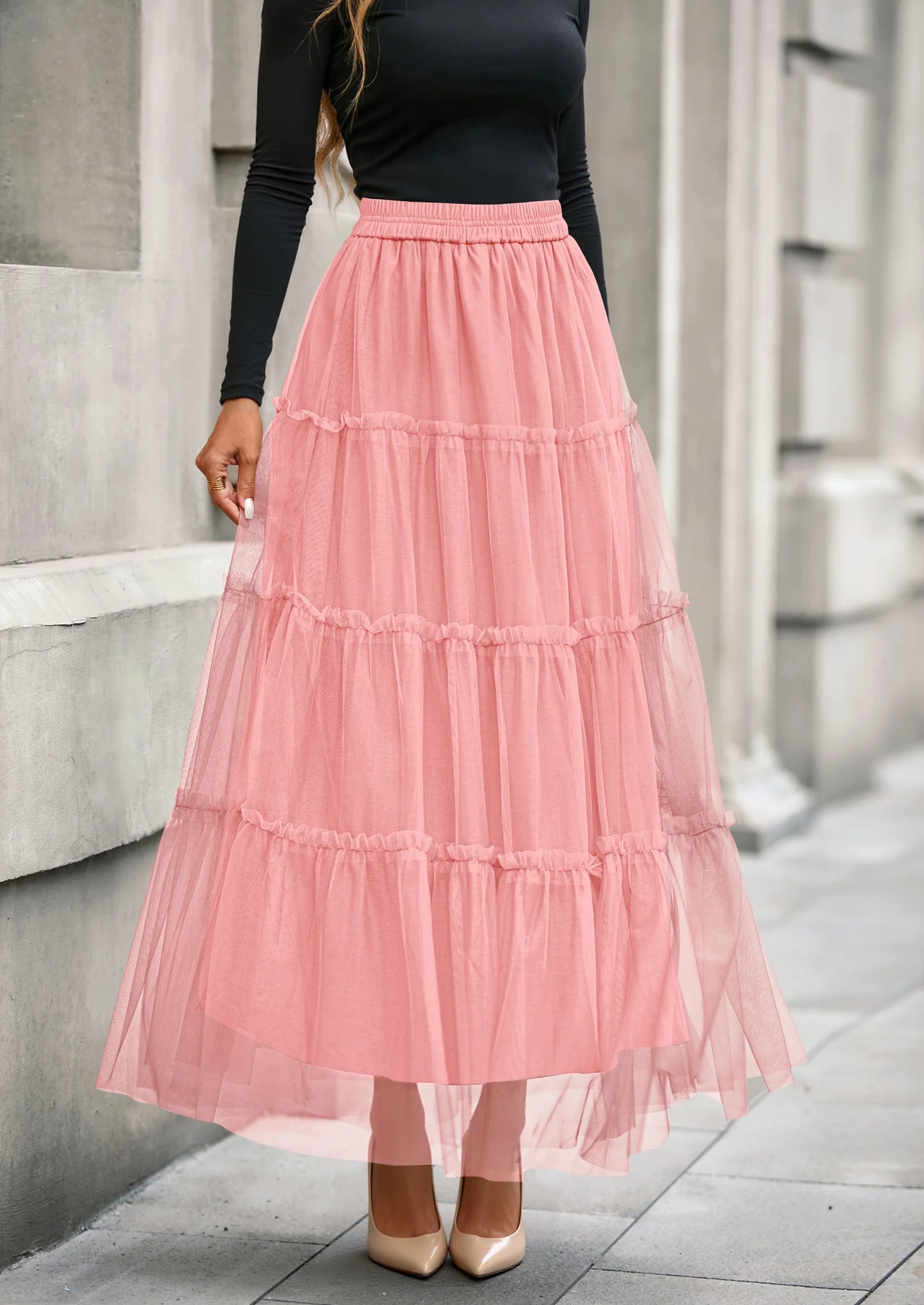 Maxi Skirts for Women Fall Tulle High Waisted Ruffle Flowy A-Line Long Skirt Country Concert Outfits