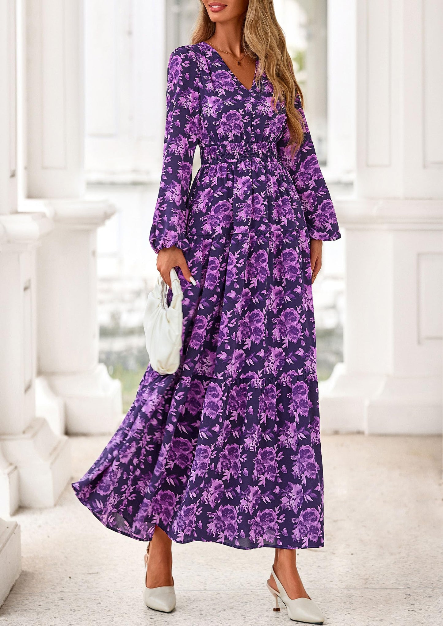 Long Sleeve Maxi Fall Dresses for Women Vneck Smocked Boho Floral Tiered Swing Flowy Wedding Guest Dress