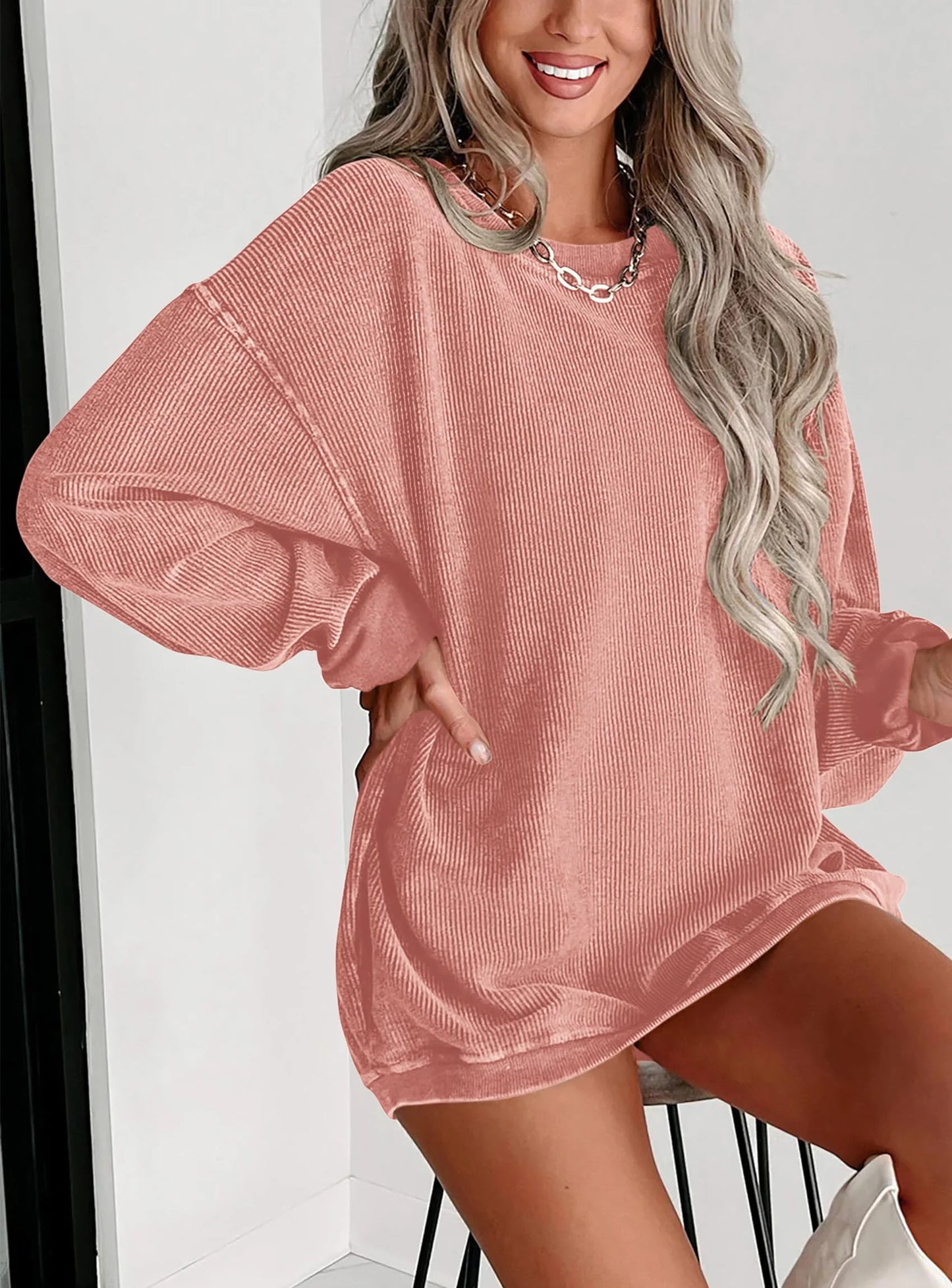 Women's Oversized Sweatshirt 2025 Fall Fashion Clothes Ribbed Corduroy Long Sleeve Going Out Pullover Tops