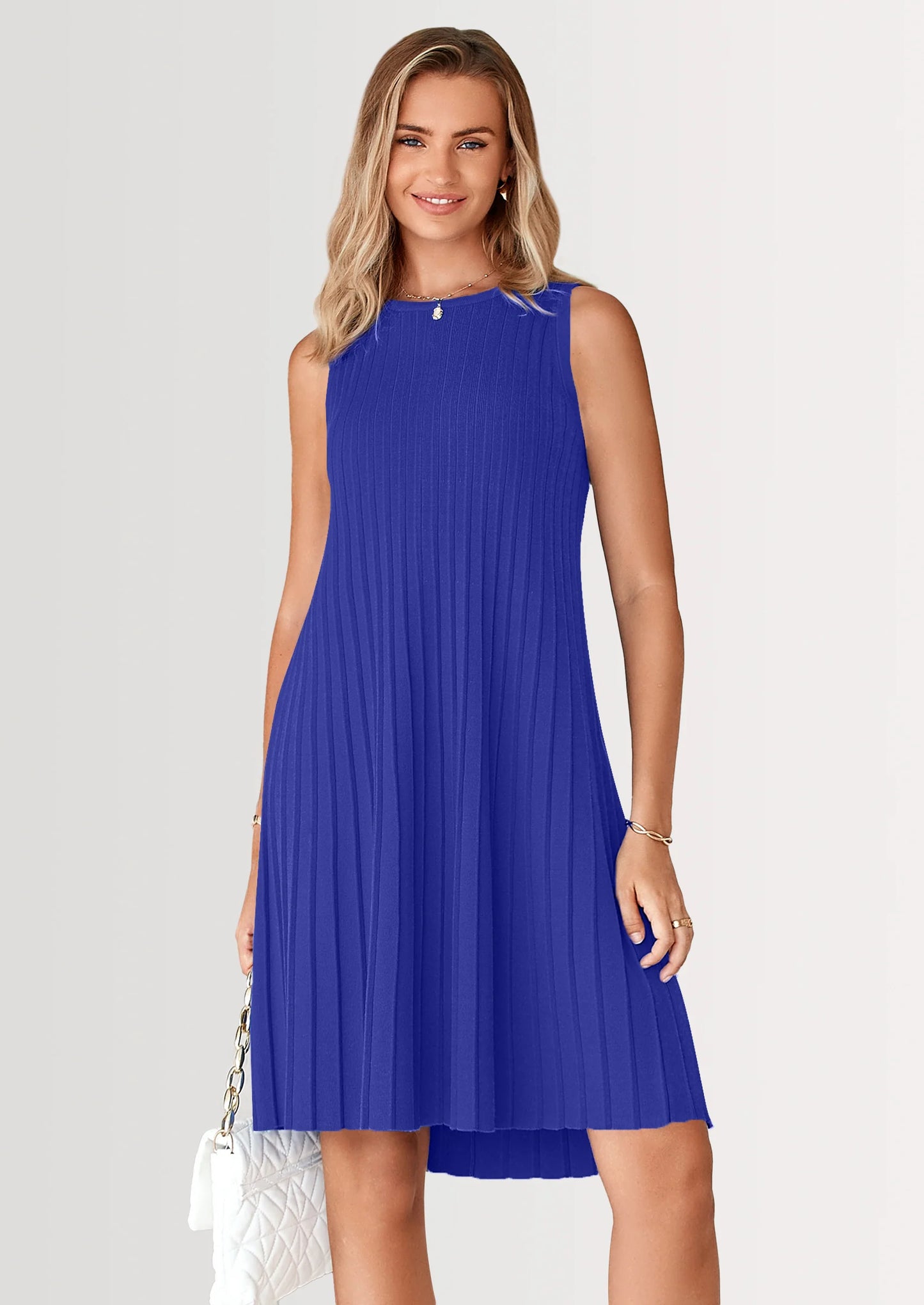 Womens Summer Sleeveless Mini Dress Crewneck Loose Tank A Line Pleated Swing Flowy Party Dresses