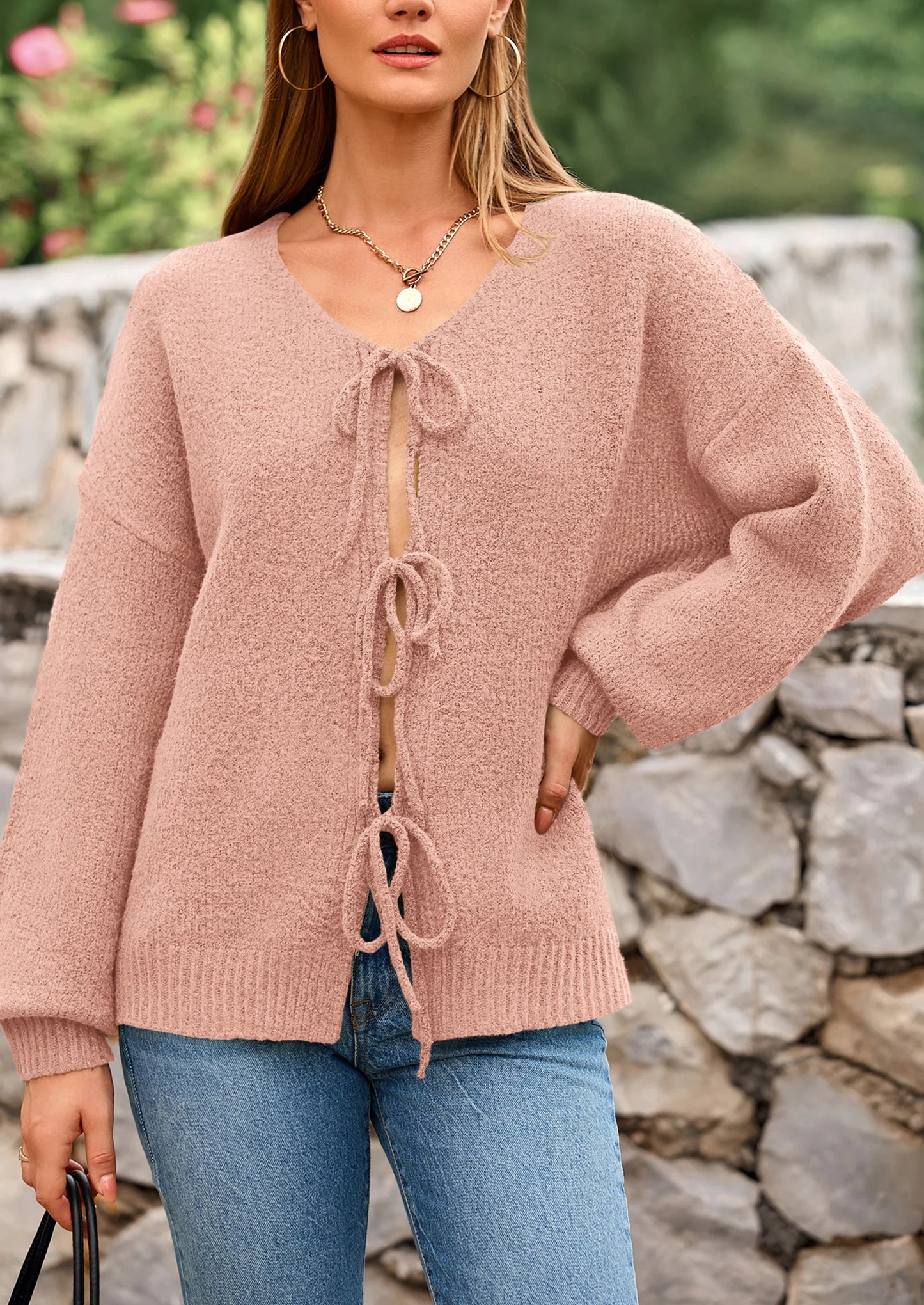 Women's Tie Front Bow Cardigan Sweaters Chunky Knit Long Puff Sleeve Trendy Fall Winter Jacket Coats