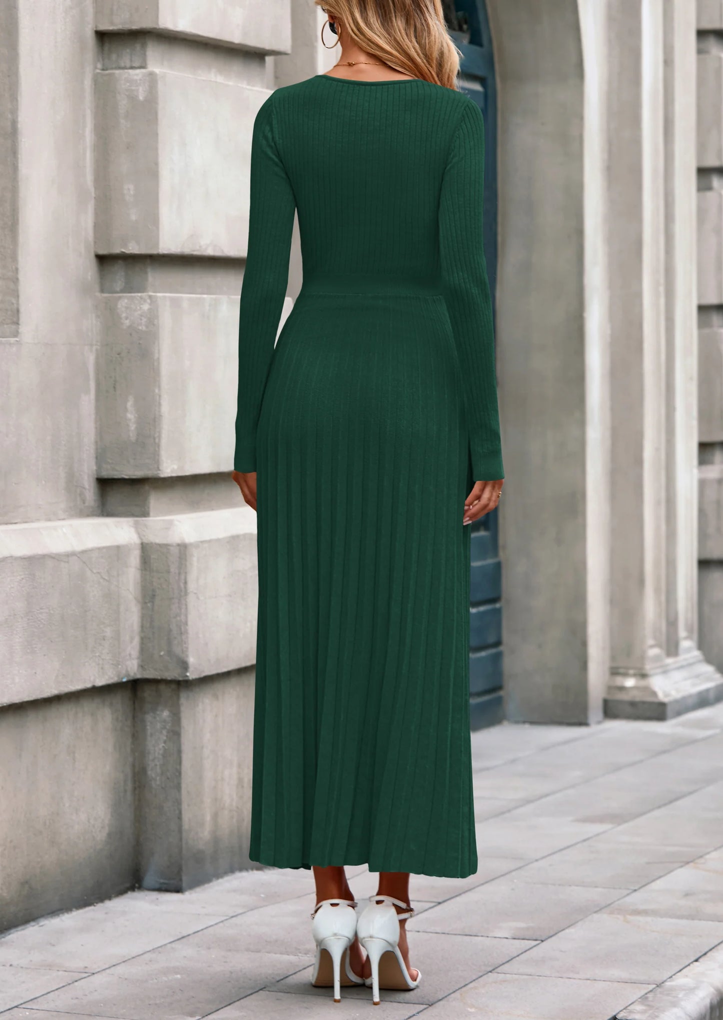 Women Sweater Dress Fall Fashion Long Sleeve V Neck Ribbed Knit Pleated A Line Elegant Maxi Winter Dresses