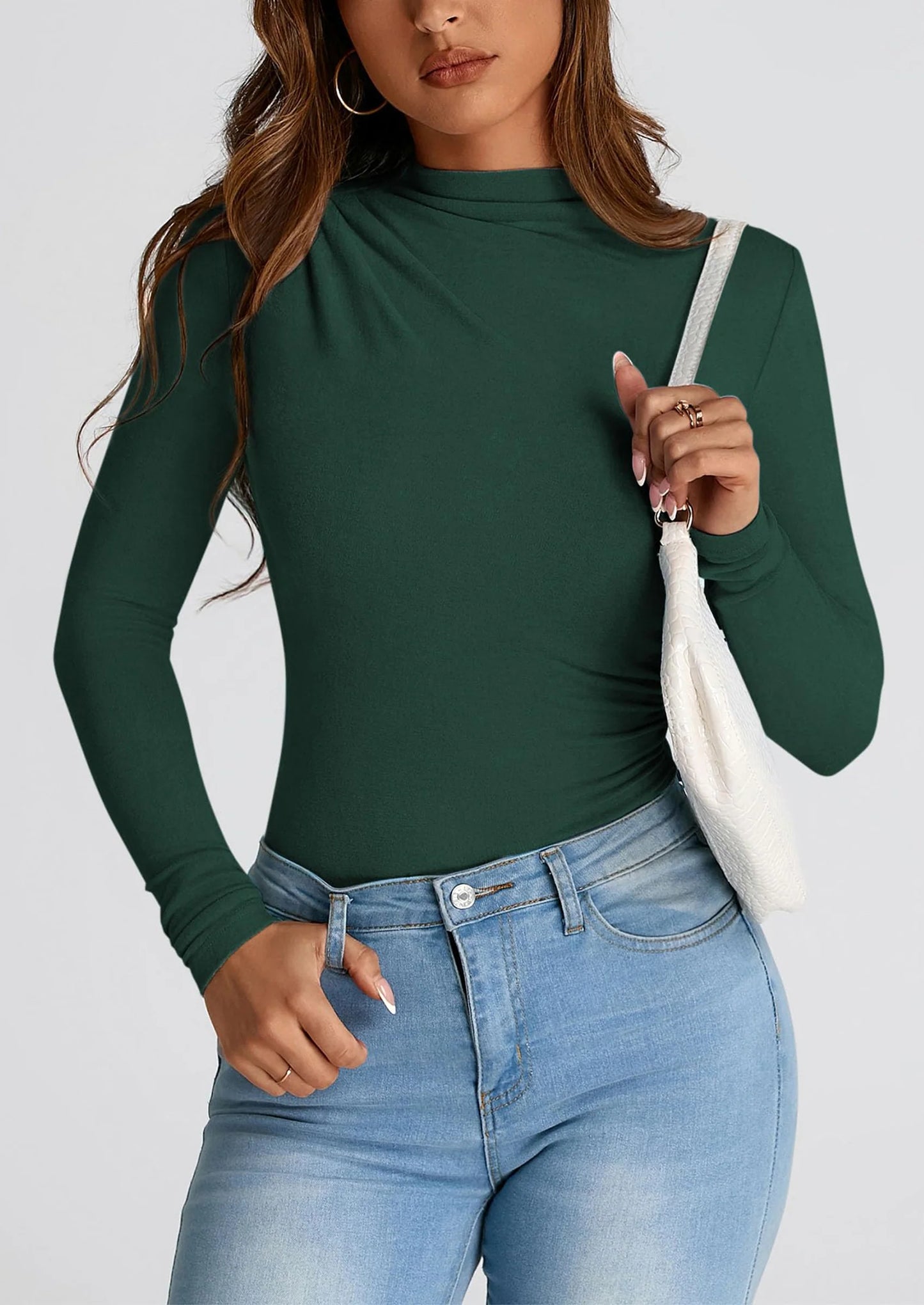 Womens Fall Y2K Going Out Crop Tops Long Sleeve Mock Neck Ruched Slim Fitted Basic Trendy Casual T Shirts Blouse