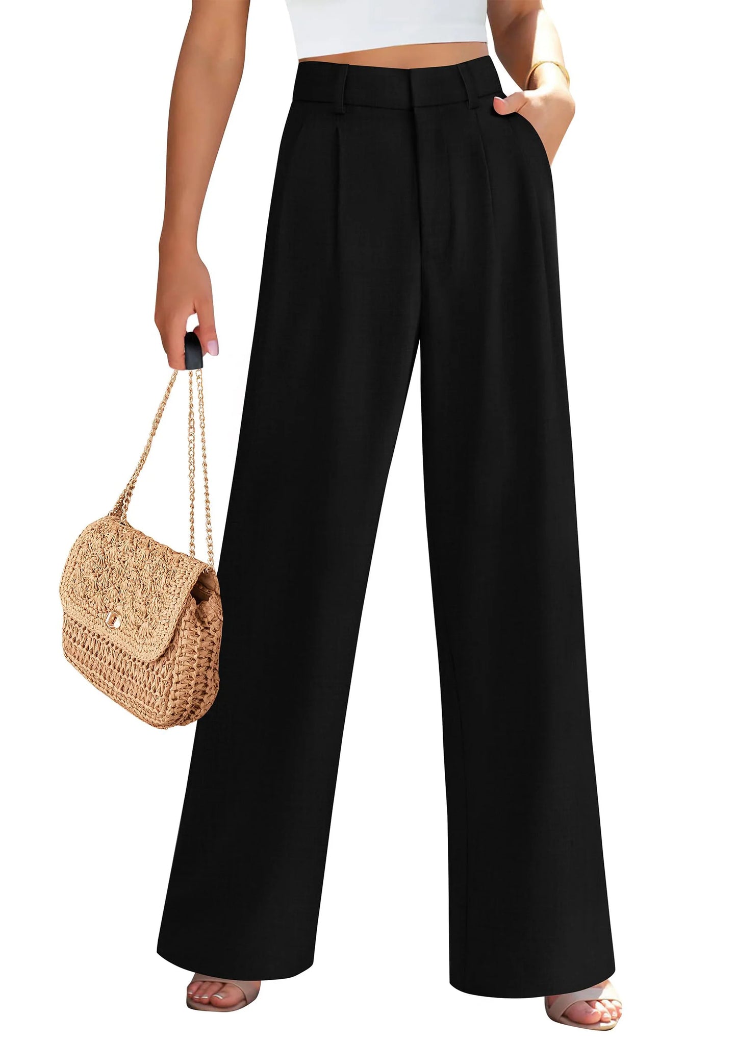 Women's Summer Elastic High Waisted Work Pants Straight Leg Dressy Business Casual Trousers Slacks Pockets
