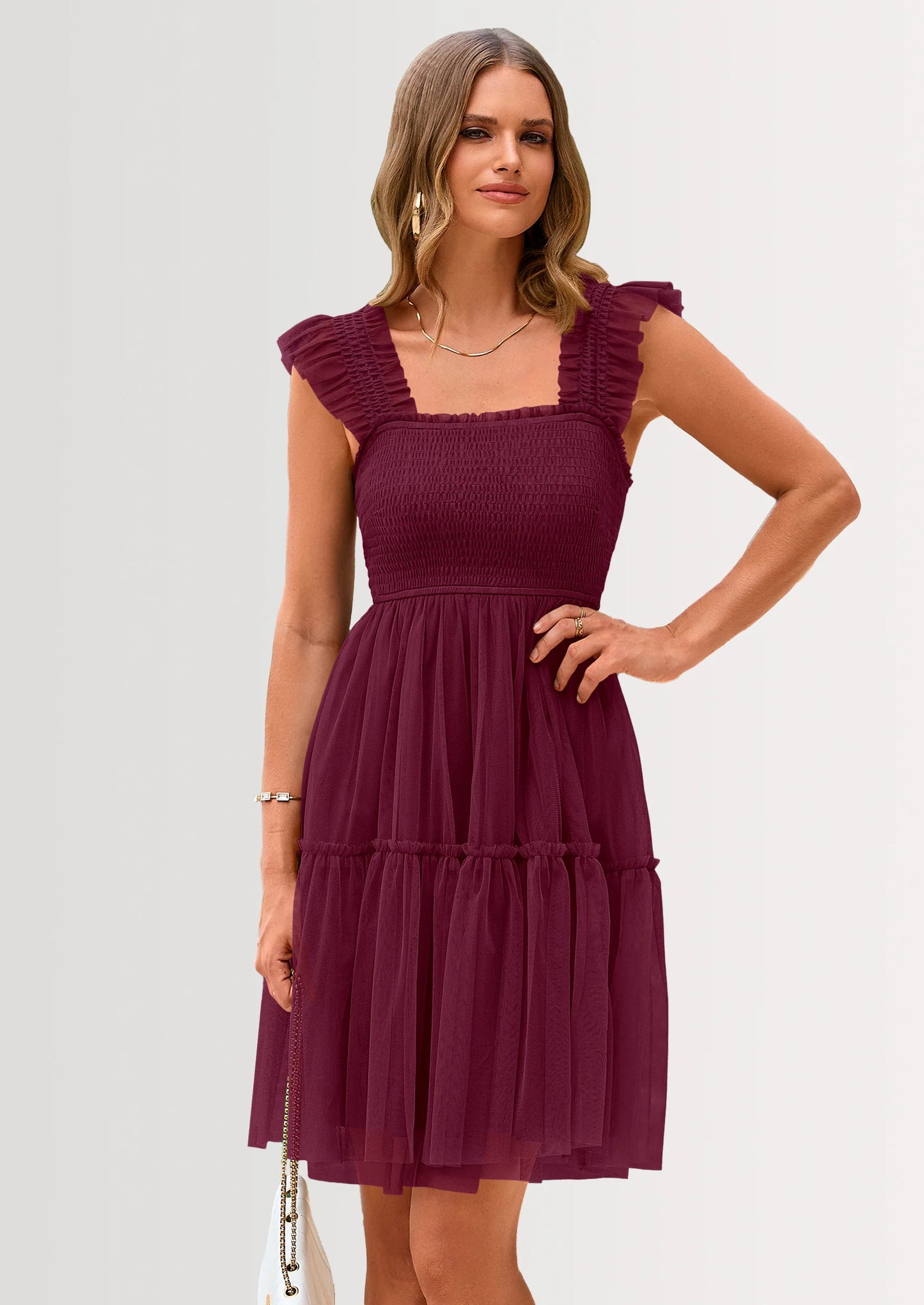 Womens Trendy Mini Summer Dresses Sleeveless Tulle Ruffle Square Neck Tiered Smocked Beach Vacation Dress