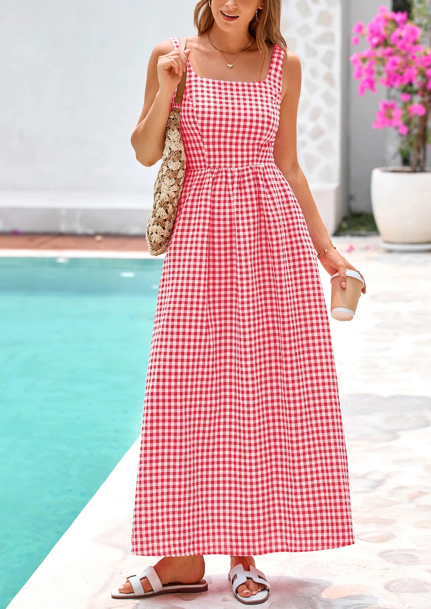 Women's Summer Spaghetti Strap Maxi Dresses Plaid Square Neck A Line Casual Beach Vacation Long Sundress