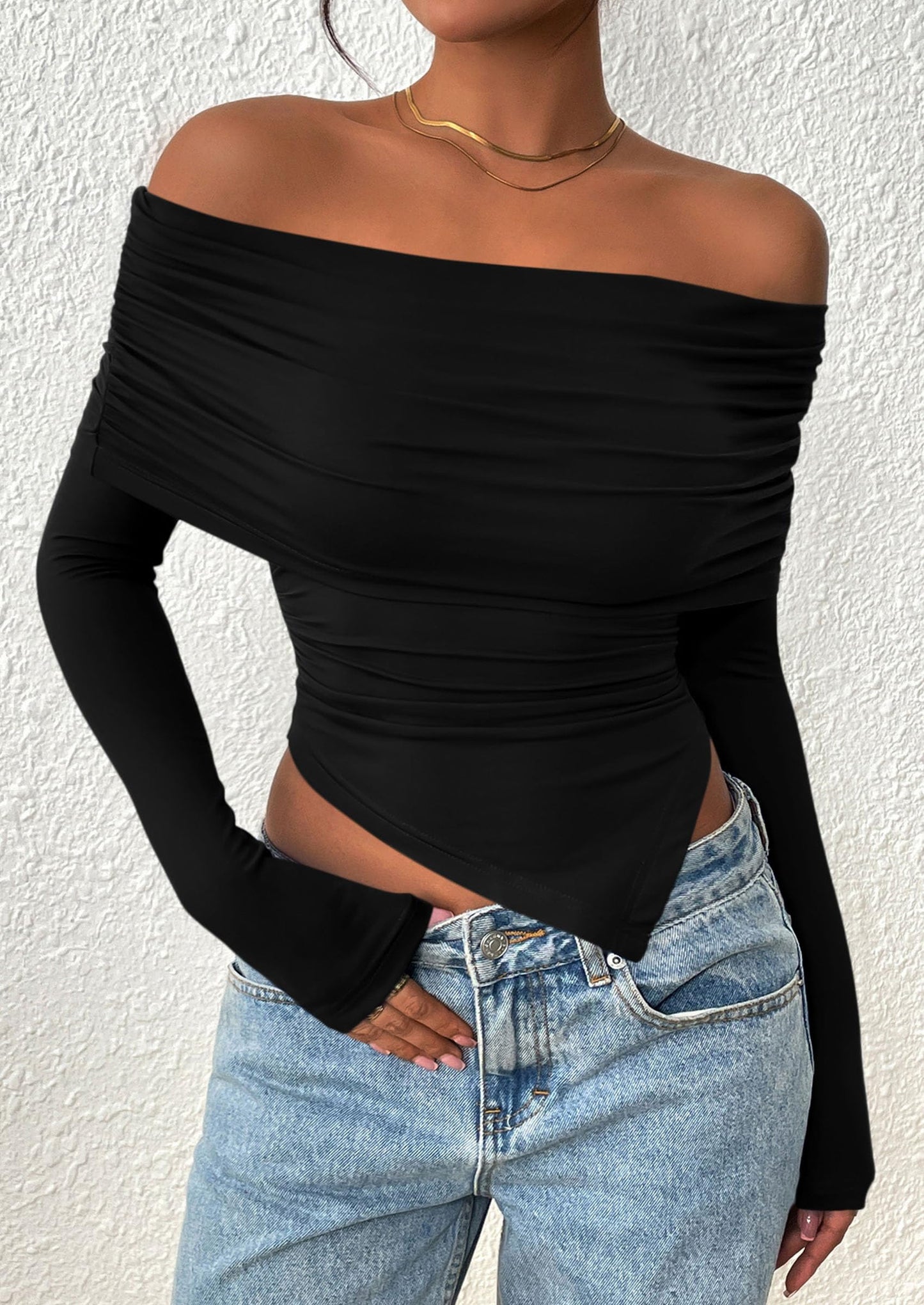 Women's Long Sleeve Shirts Off Shoulder Tops Going Out Slim Fitted Y2K Blouses Fall Fashion Clothes