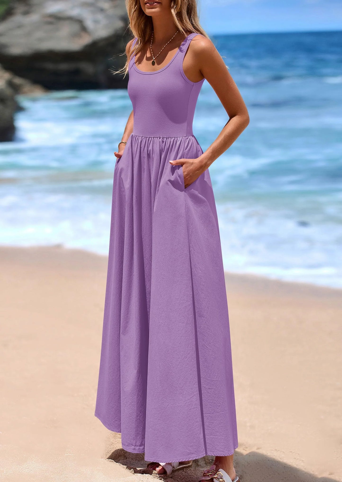 Womens Summer Casual Scoop Neck Sleeveless Long Dresses Tank Top Patchwork Aline Swing Maxi Dress with Pockets