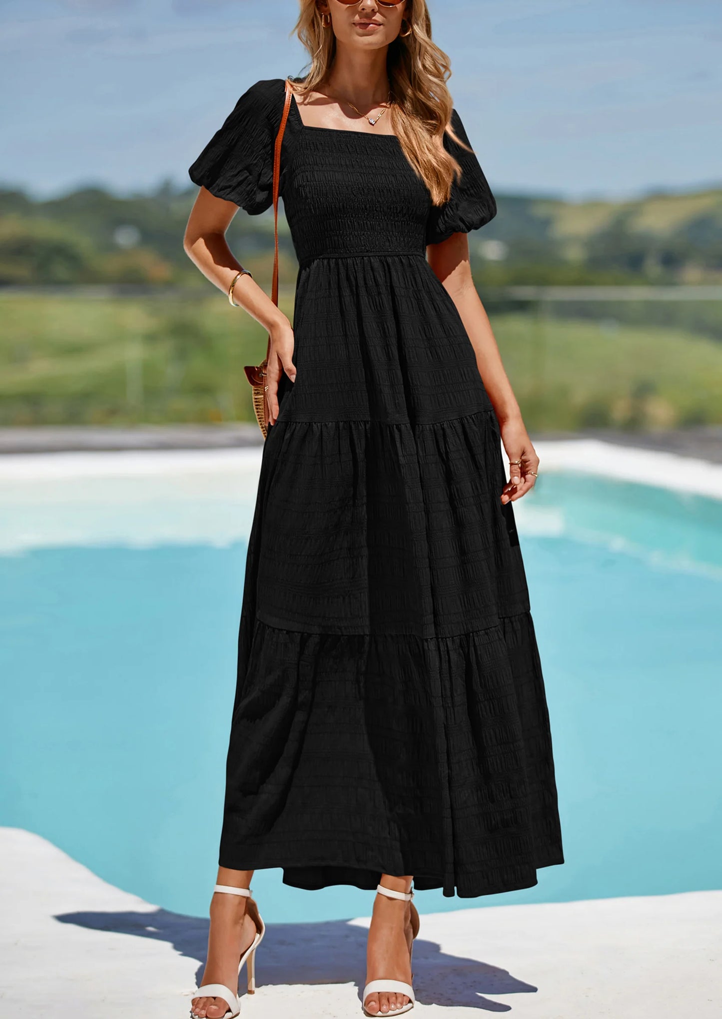 Womens Summer Puff Short Sleeve Maxi Dress Square Neck Smocked Tiered Ruffle A Line Long Flowy Beach Dresses