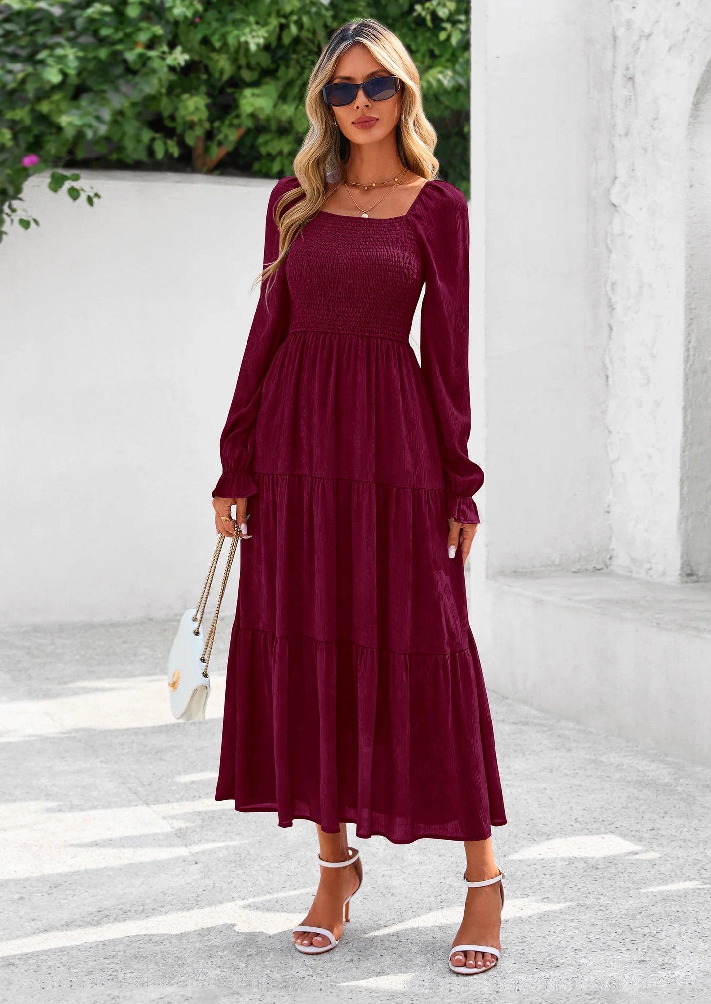 Fall Wedding Guest Dresses for Women Floral Long Sleeve Smocked Tiered Elegant Long Flowy Boho Dress
