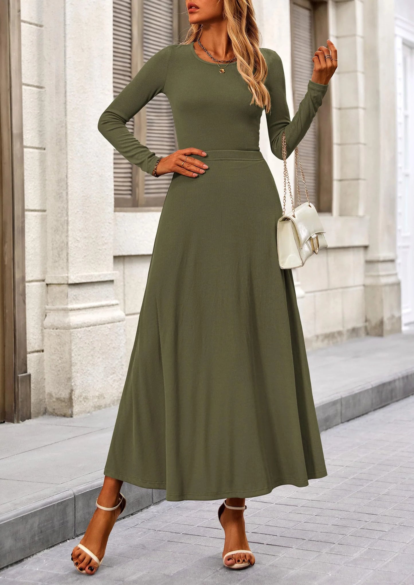 2 Piece Casual Ribbed Knit Long Sleeve Crop Tops Maxi Flowy Skirts Matching Sets