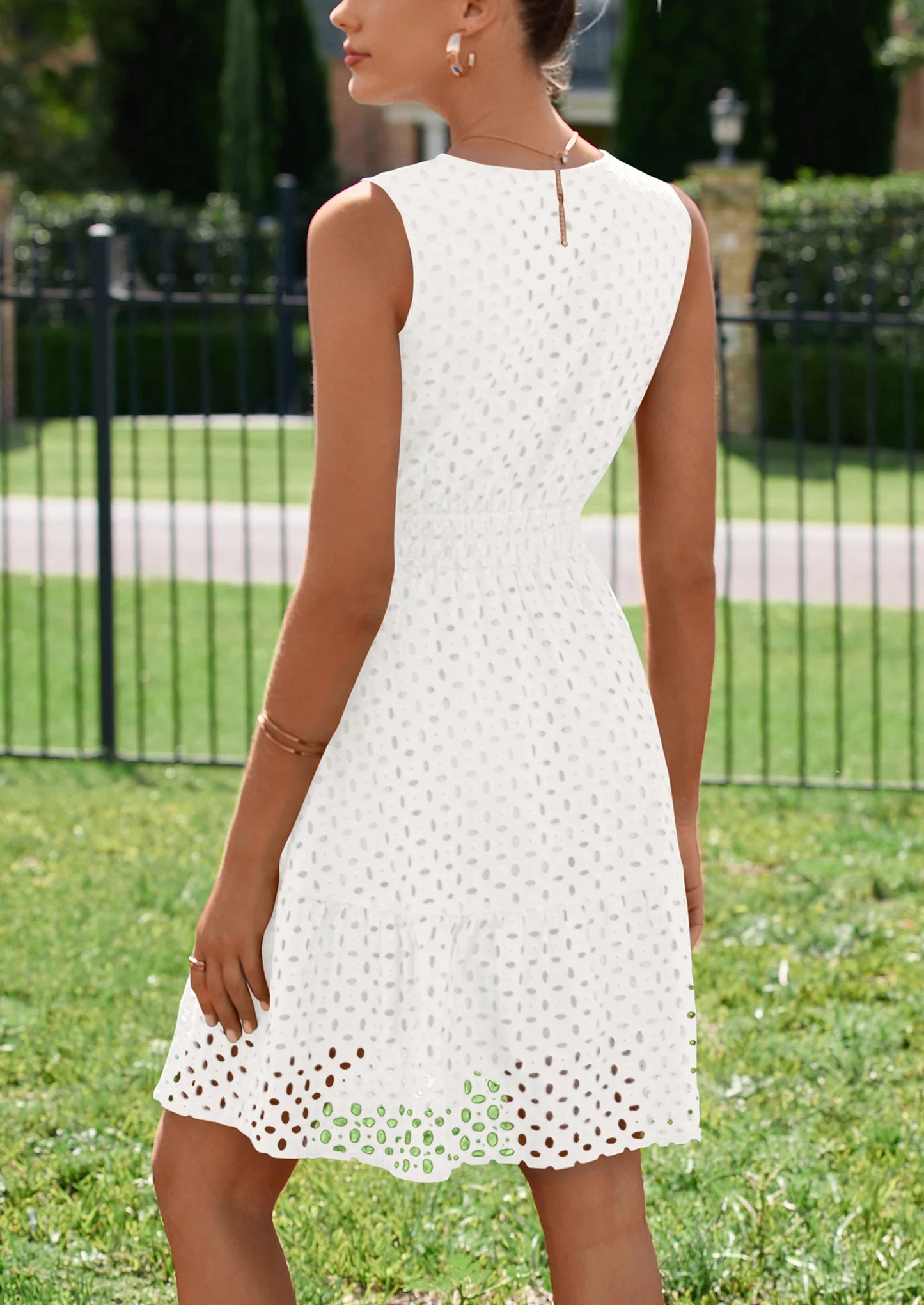 Women's Summer Dresses Sleeveless V Neck Eyelet Hollow Out Swing A Line Beach Vacation Sun Dress