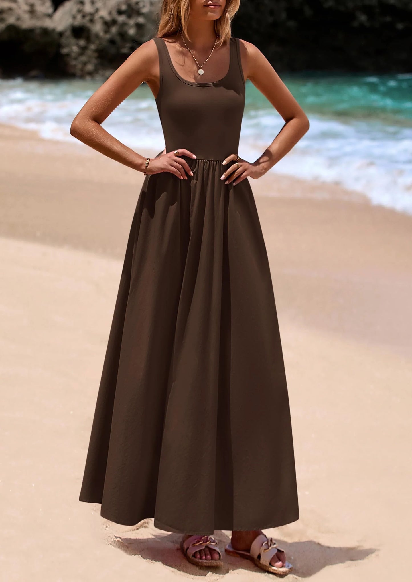 Womens Summer Casual Scoop Neck Sleeveless Long Dresses Tank Top Patchwork Aline Swing Maxi Dress with Pockets