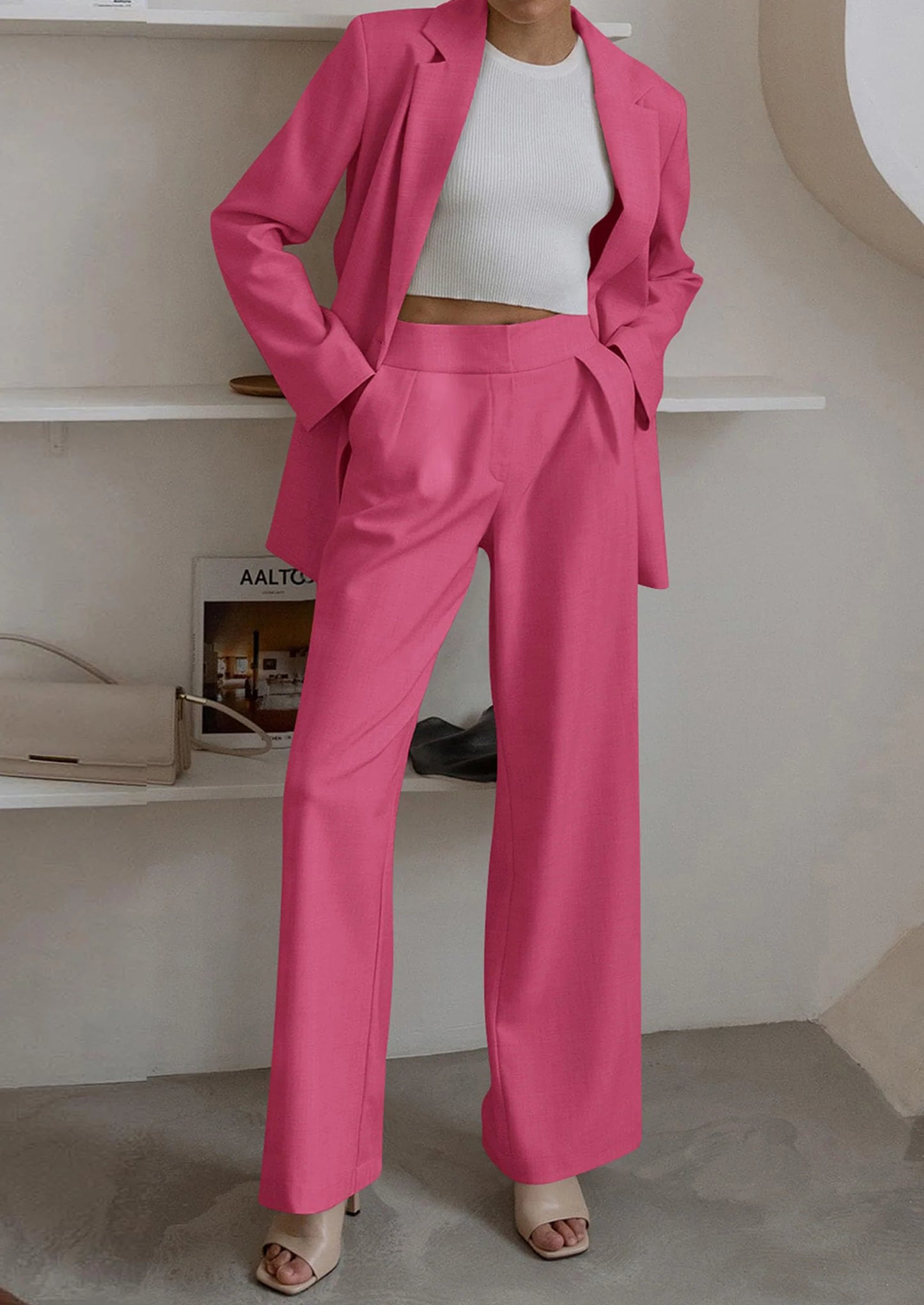 Women's Fall Two Piece Outfits Dressy Blazer Jacket and Wide Leg Pants Pockets Business Casual Office Suit Sets