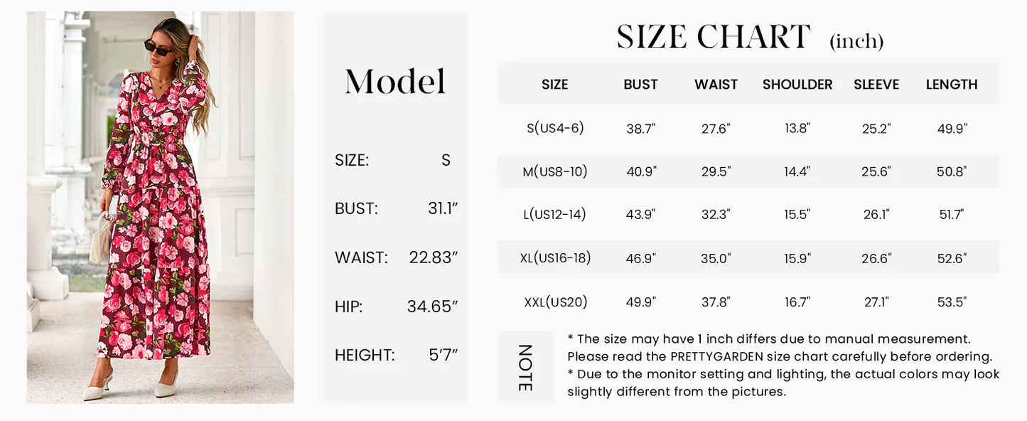 Long Sleeve Maxi Fall Dresses for Women Vneck Smocked Boho Floral Tiered Swing Flowy Wedding Guest Dress