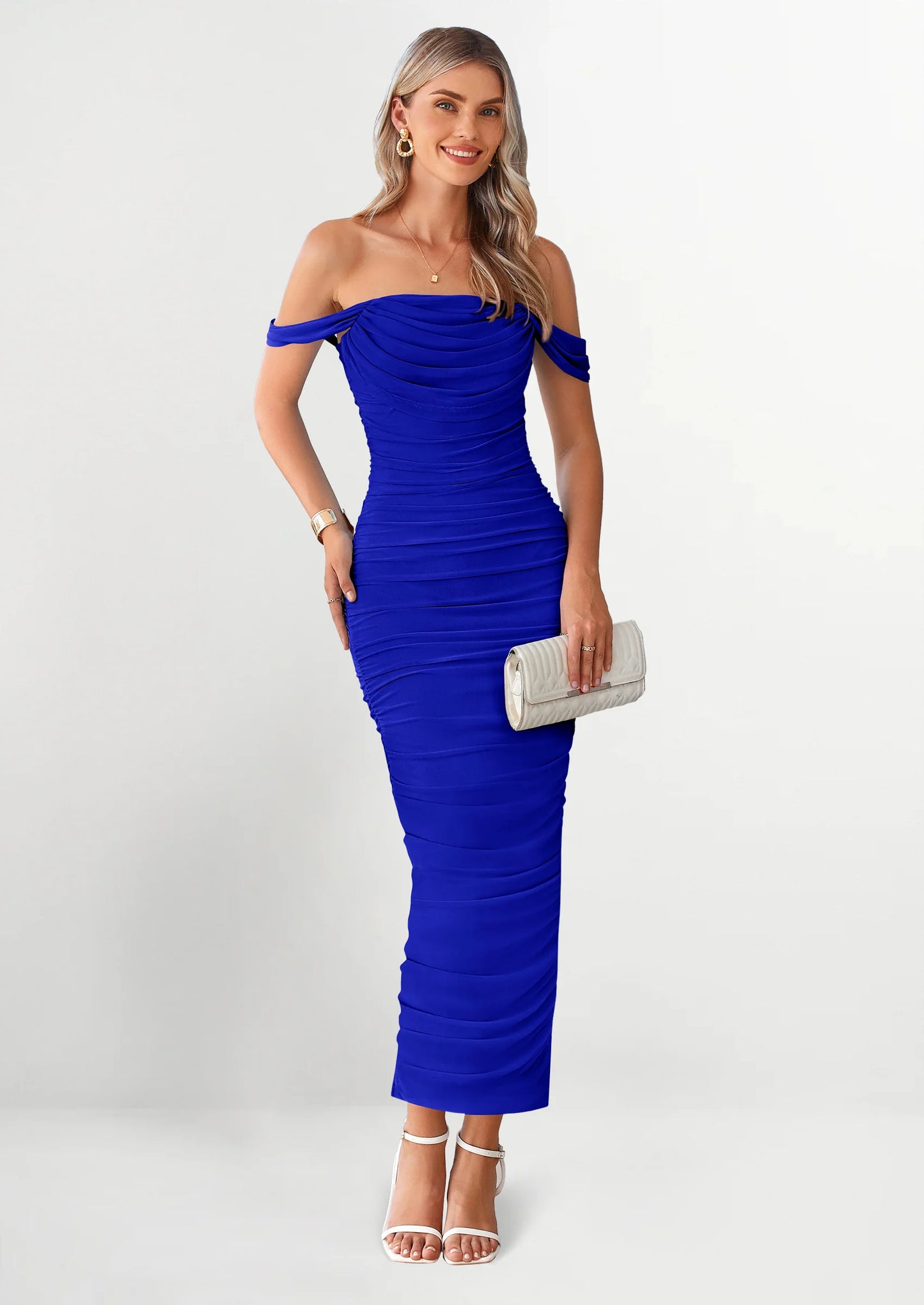 Womens Off The Shoulder Dress Ruched Bodycon Sleeveless Split Cocktail Party Maxi Dresses