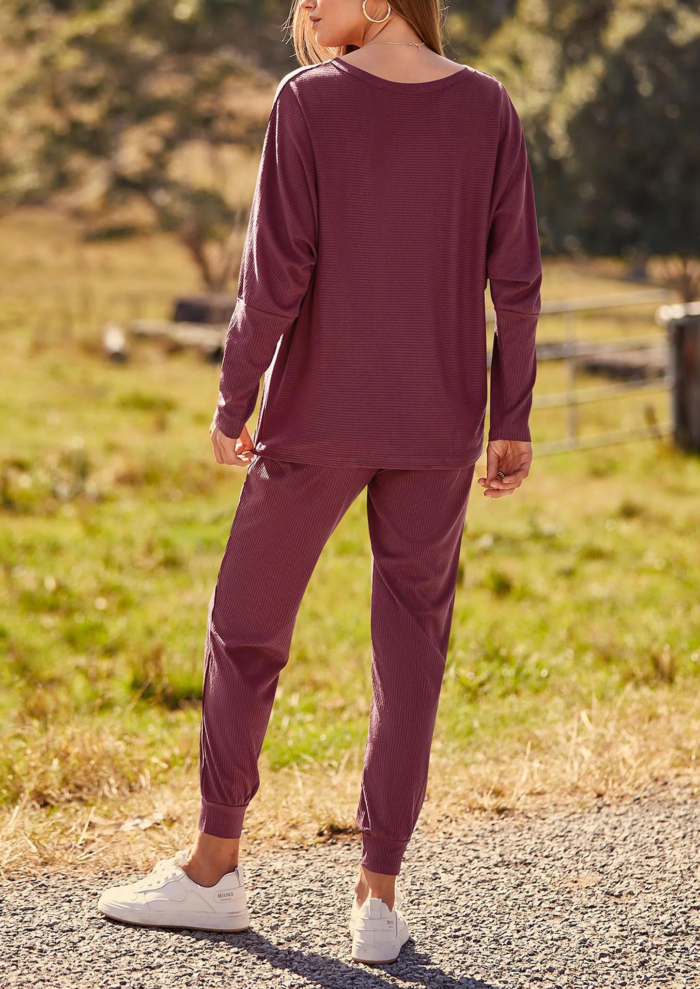 Women's Fall 2 Piece Lounge Set Long Sleeve Tops Ribbed Pants Spring Matching Sweatsuit Travel Outfits Clothes