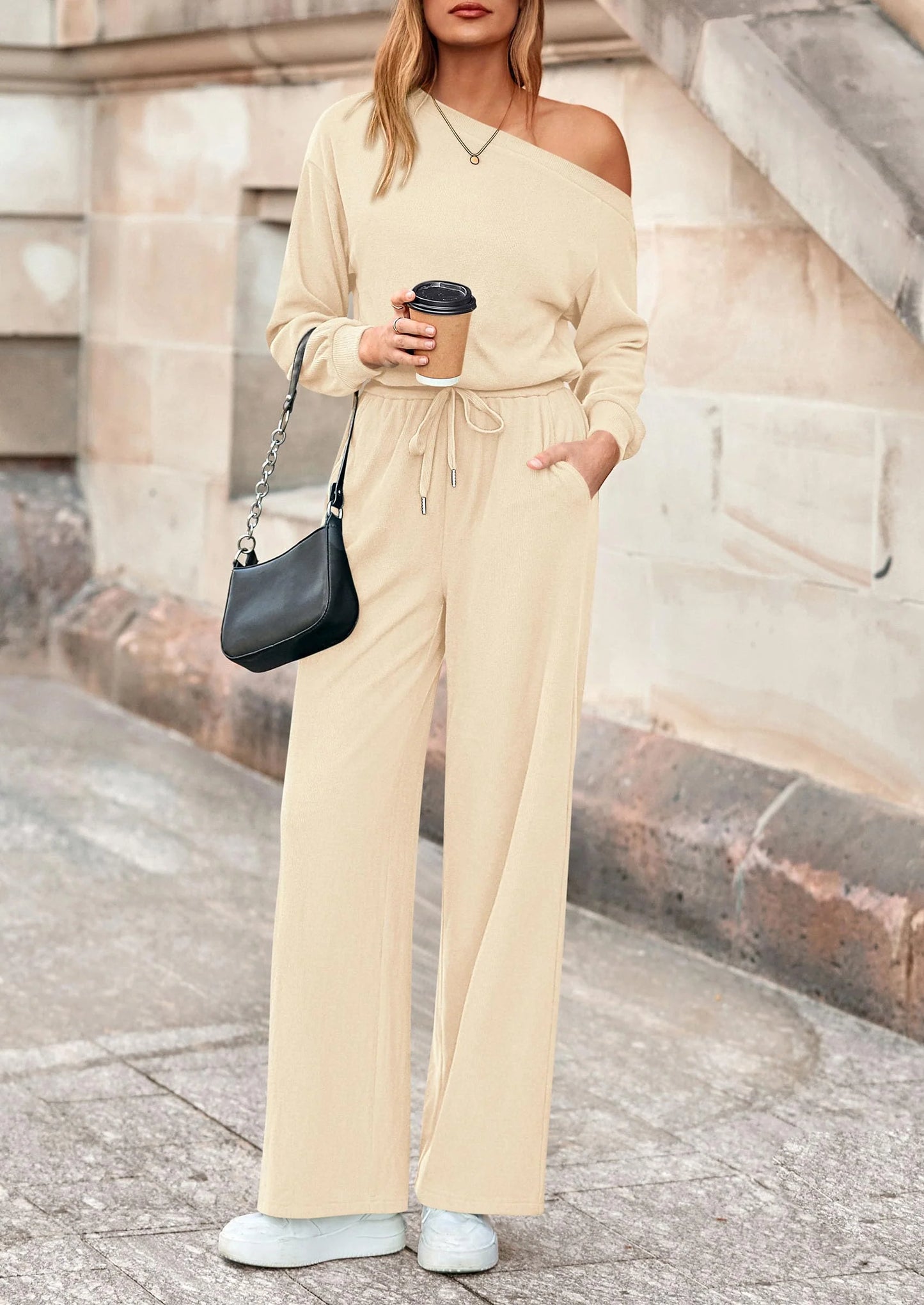 Long Sleeve Jumpsuit For Women Dressy Off Shoulder One Piece Loose Wide Leg Jumpsuits Casual Flowy Romper
