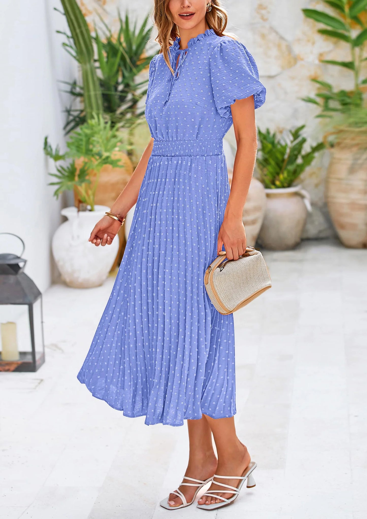 Womens Midi Dresses Puff Short Sleeve V Neck Swiss Dot Pleated A Line Flowy Long Wedding Guest Dress