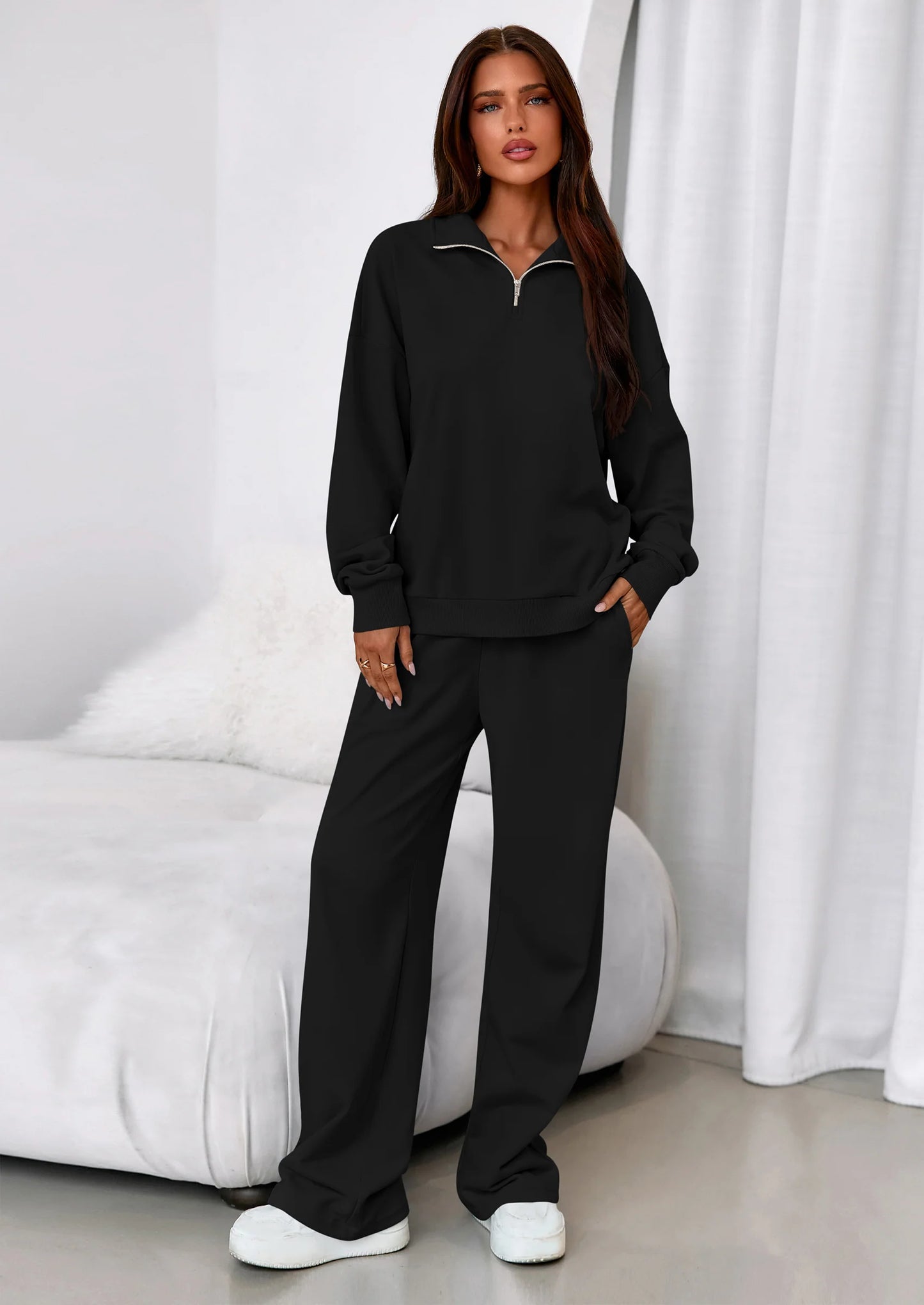 Womens Casual Two Piece Sets Fall Outfits Quarter Zip Sweatshirts Straight Leg Pants Sweatsuits Tracksuit