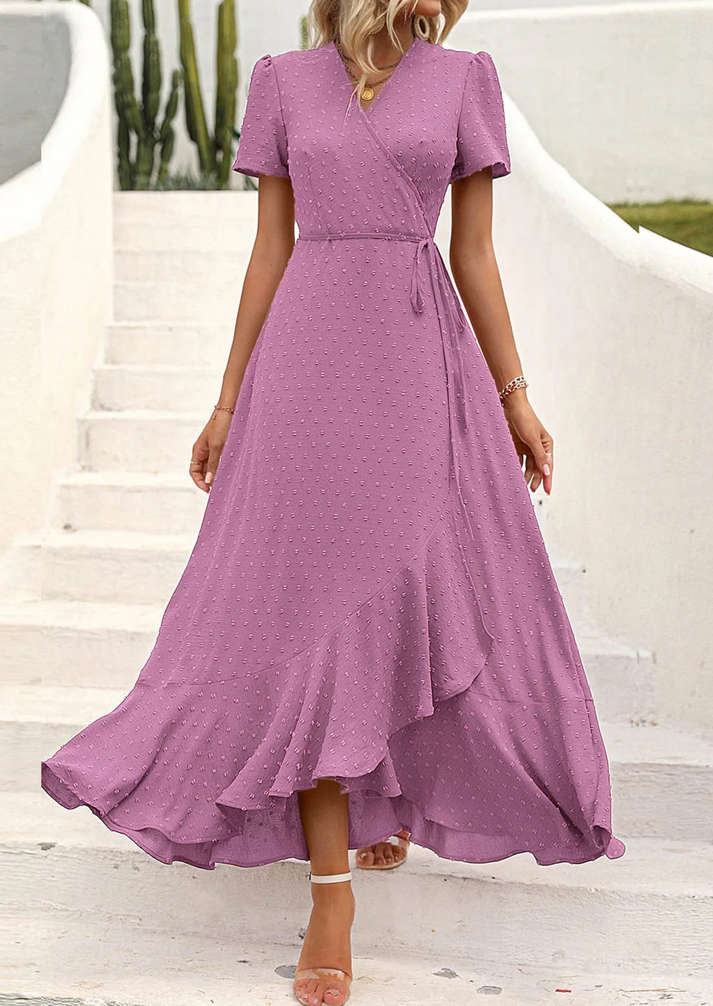 Women's Summer Maxi Dress Casual Wrap Floral Boho Short Sleeve V Neck Split Ruffle Beach Long Dresses