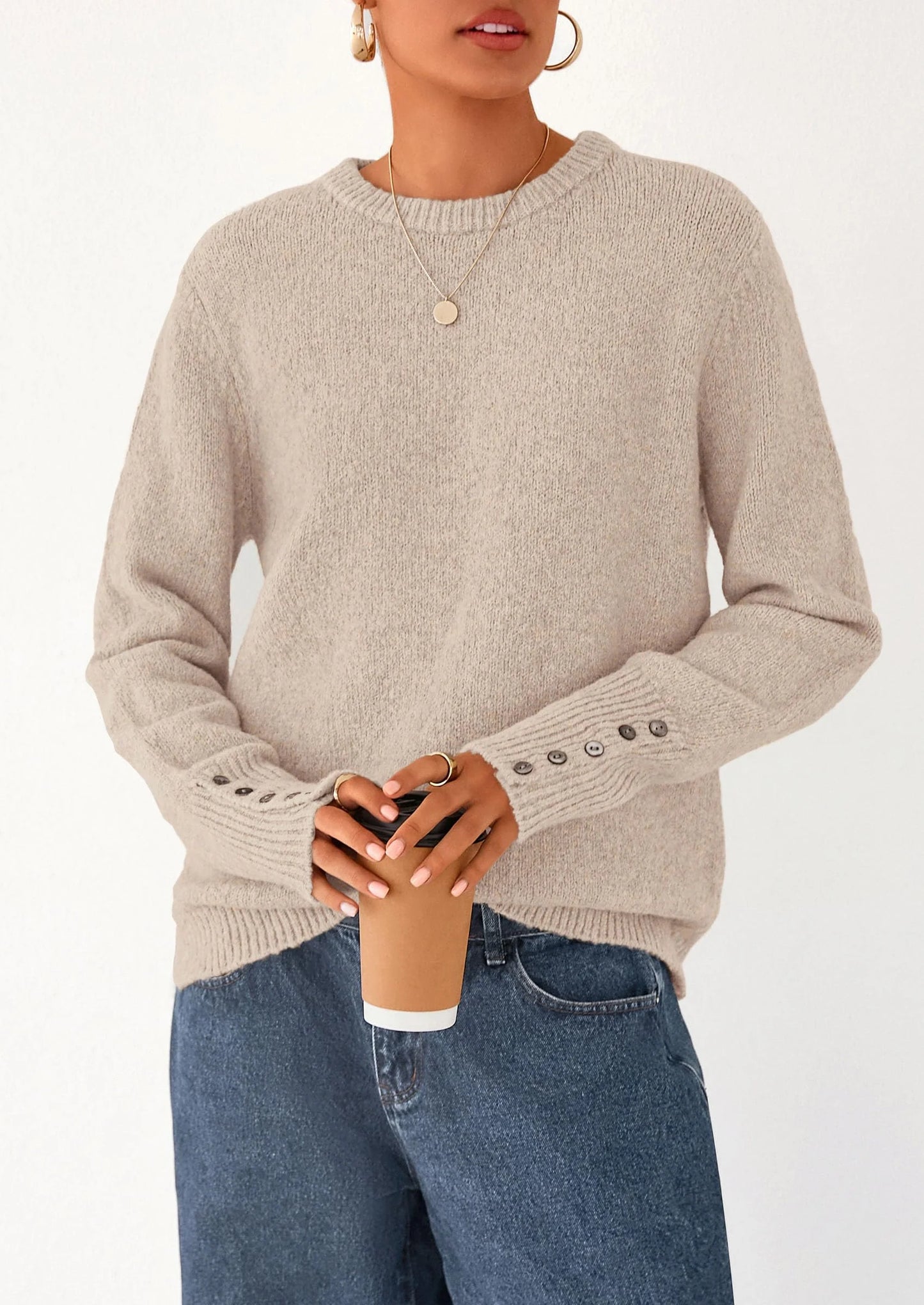 Womens Sweaters Fall Fashion Casual Crewneck Pullover Button Long Sleeve Cute Knit Tops Winter Clothes