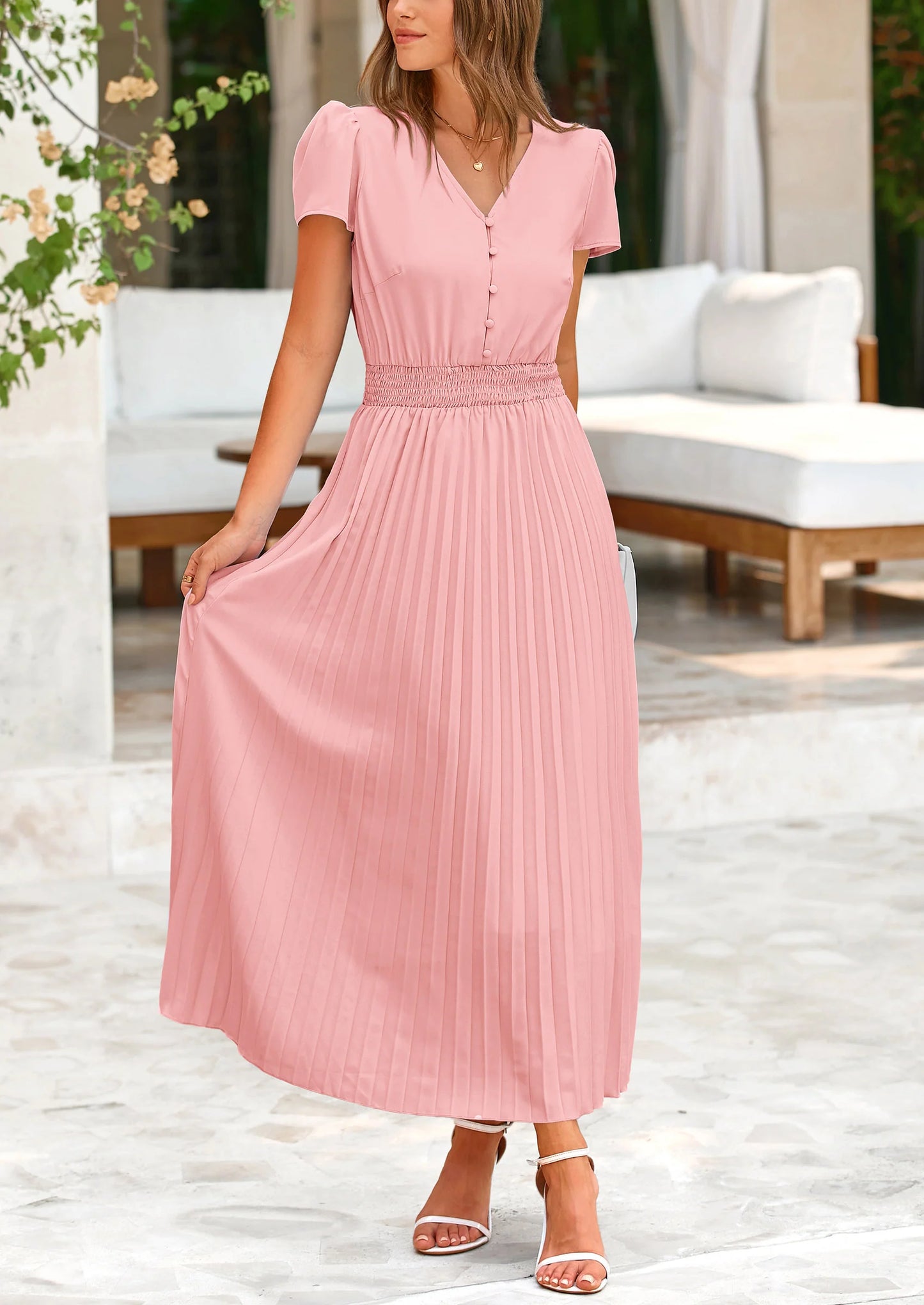 Women's Maxi Dresses Summer Trendy Cap Short Sleeve Button V Neck Casual Flowy Pleated Long Dress