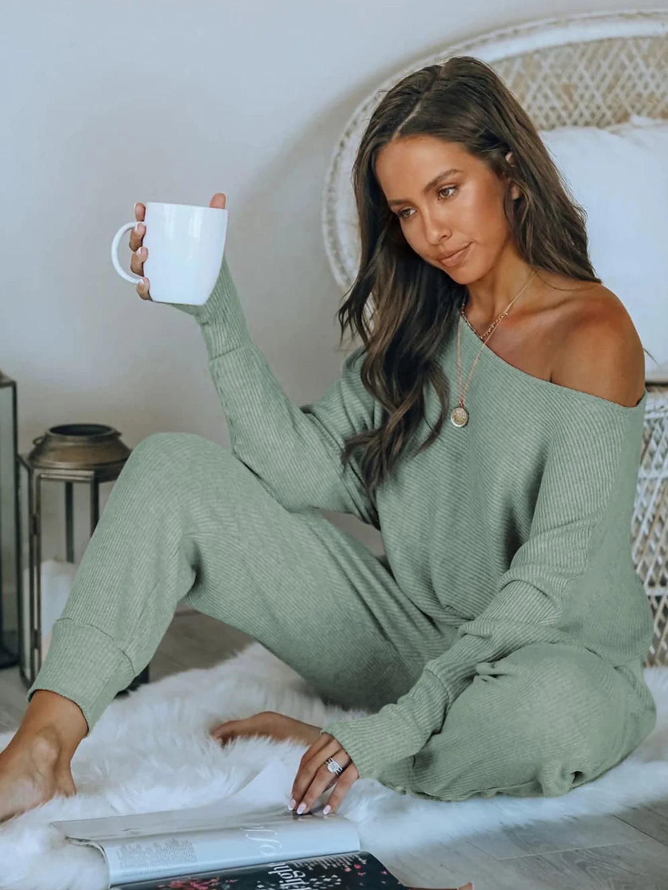 Women's 2 Piece Ribbed Tracksuit Outfits Off Shoulder Long Sleeve Pullover Lounge Pants with Pockets