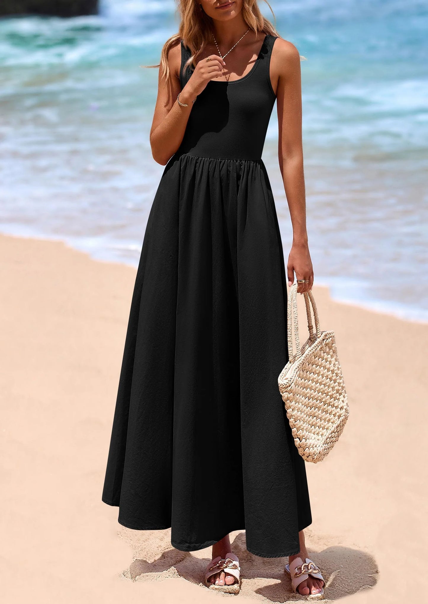 Womens Summer Casual Scoop Neck Sleeveless Long Dresses Tank Top Patchwork Aline Swing Maxi Dress with Pockets