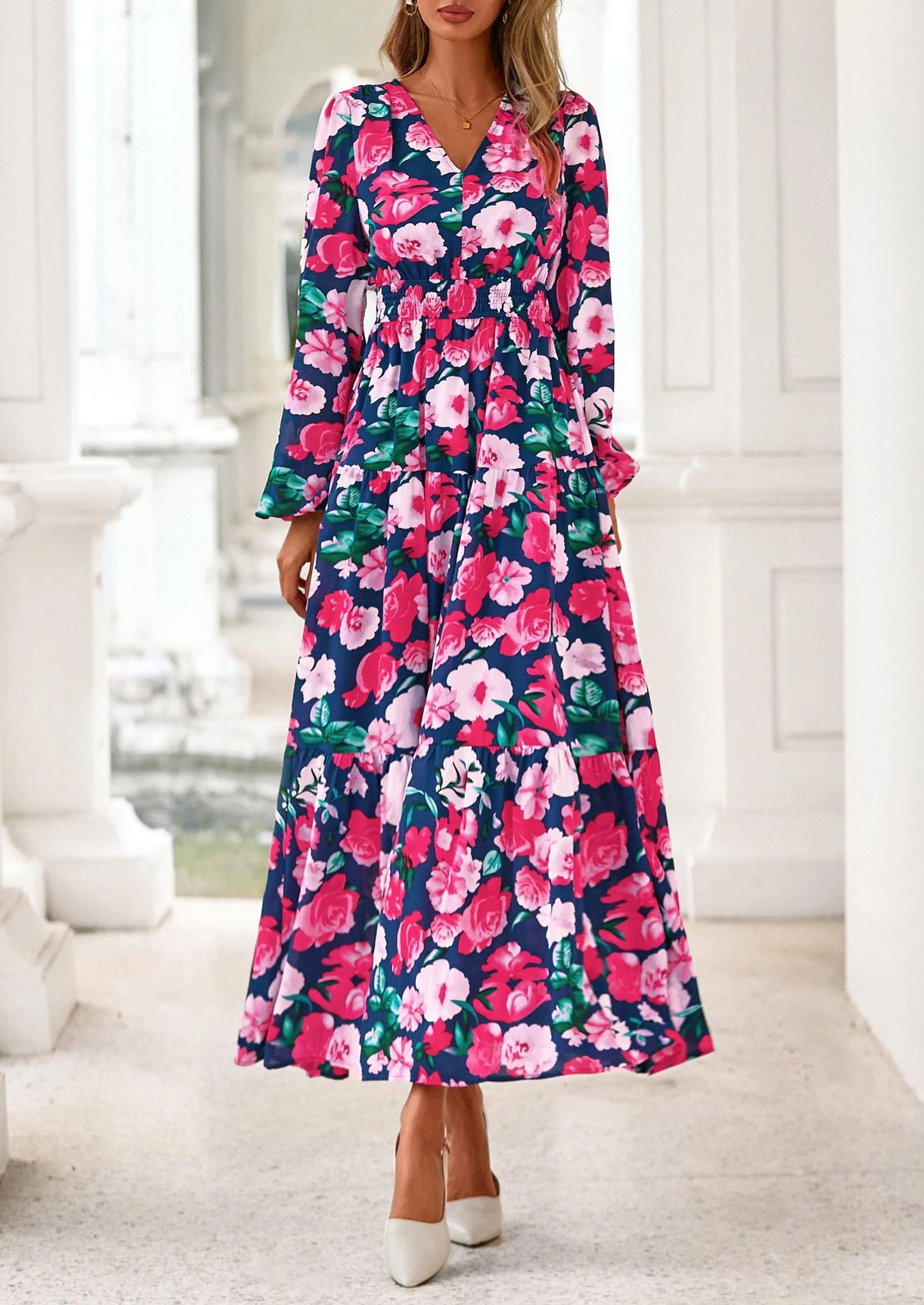 Long Sleeve Maxi Fall Dresses for Women Vneck Smocked Boho Floral Tiered Swing Flowy Wedding Guest Dress