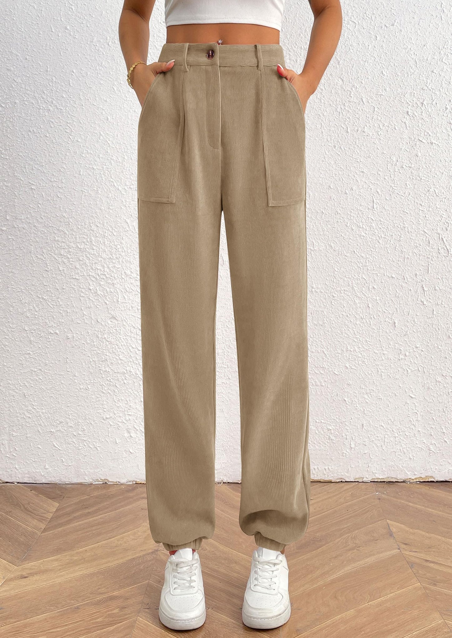 Women's Pants Dressy Casual Fall Elastic High Waisted Work Office Corduroy Trouser Slacks with Pockets
