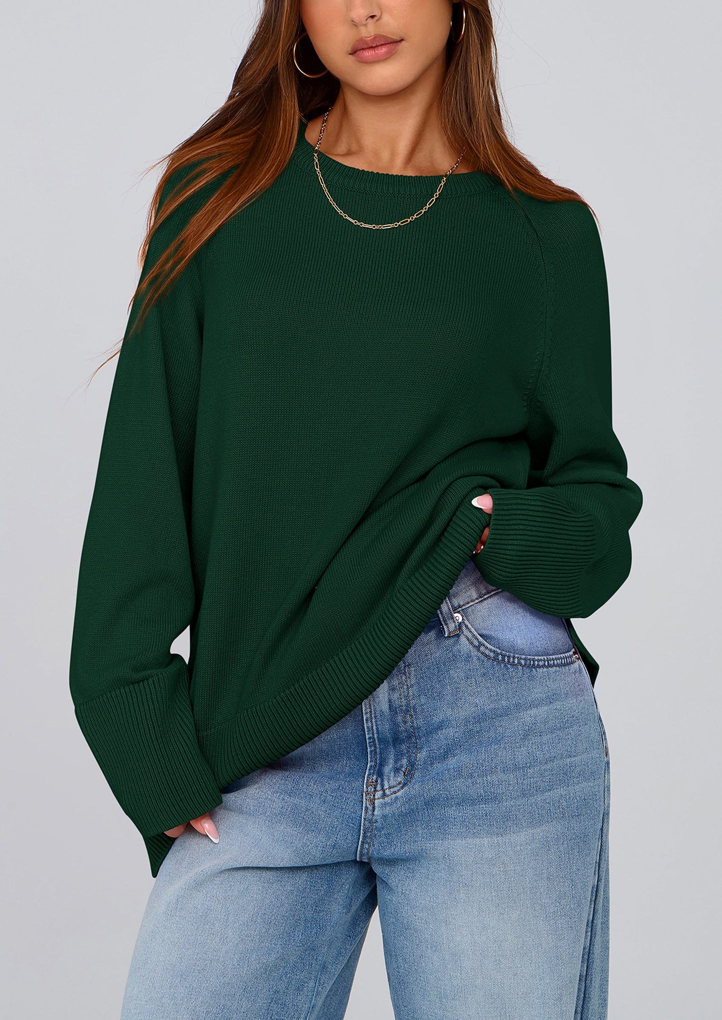 Women's Knit Fall Sweaters Long Sleeve Pullover Crewneck Split Hem Oversized Tunic Sweater Tops Winter Clothing