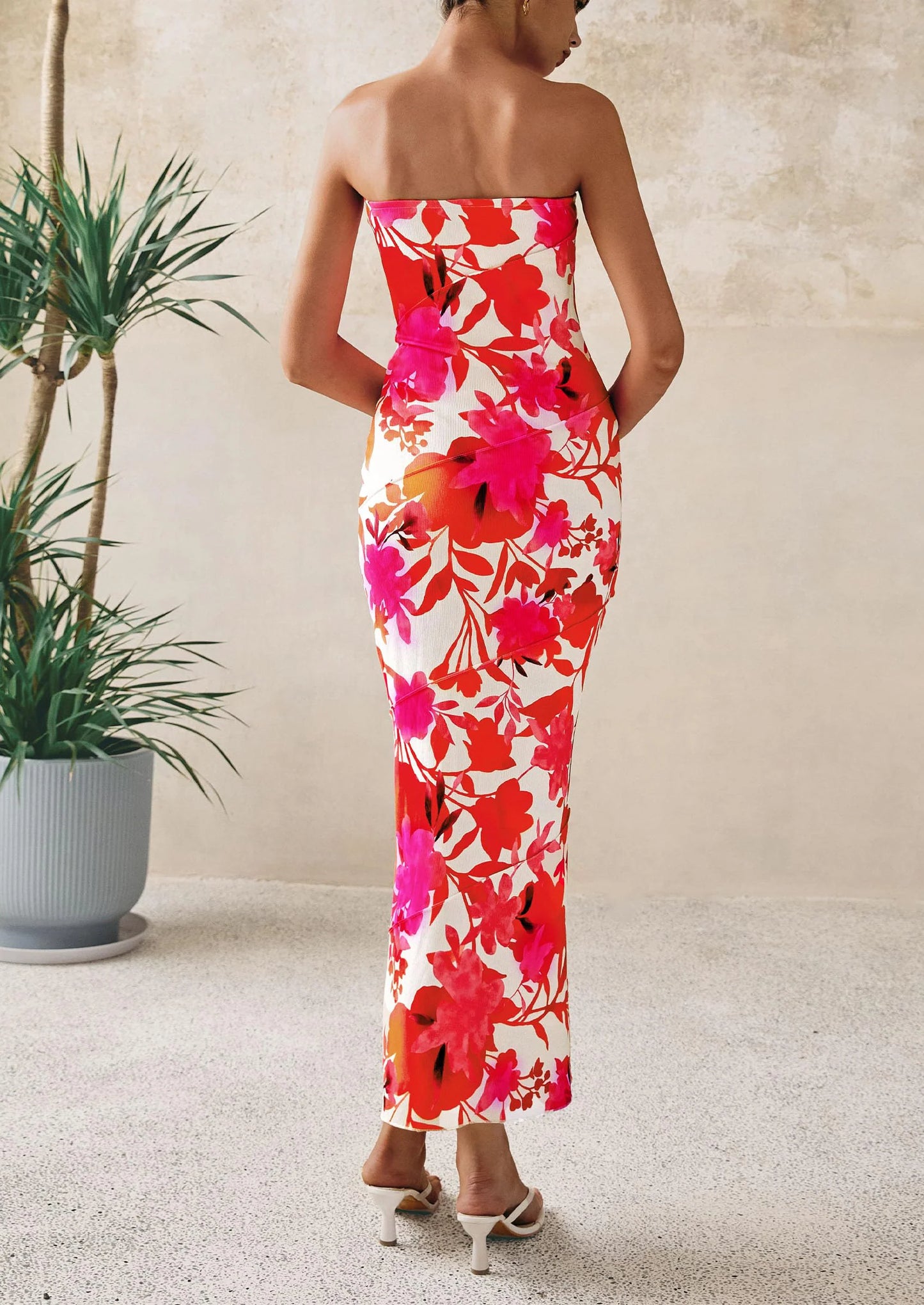 Women's Floral Bodycon Maxi Dresses Ribbed Strapless Tube Casual Boho Party Long Dress