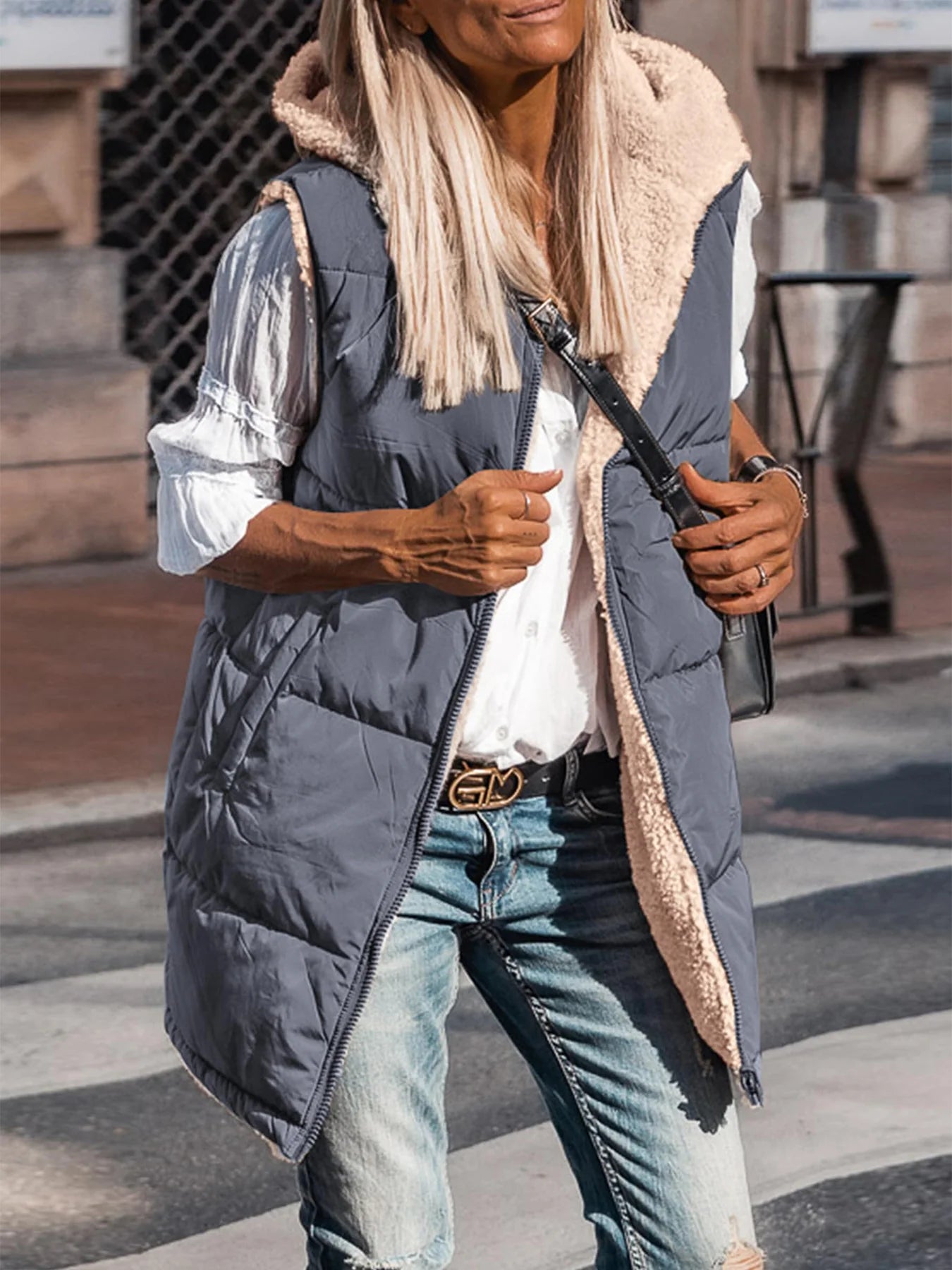 Womens Fall Reversible Vests Sleeveless Fleece Jacket Zip Up Hoodie Pockets Long Warm Winter Coat Outerwear