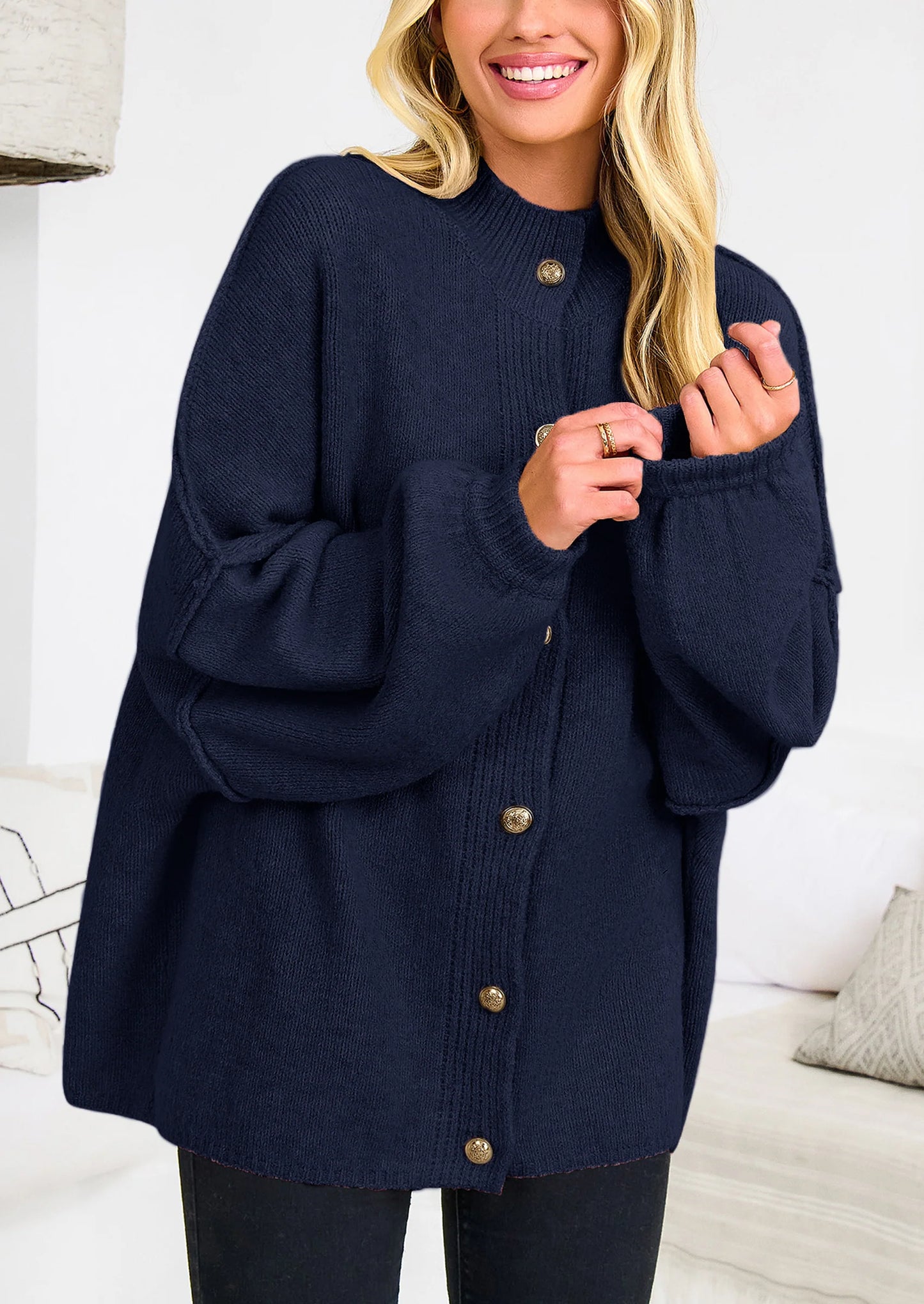 Women's Winter Button Down Cardigan Sweaters Mock Neck Lantern Long Sleeve Chunky Knit Jacket Trendy Outerwear
