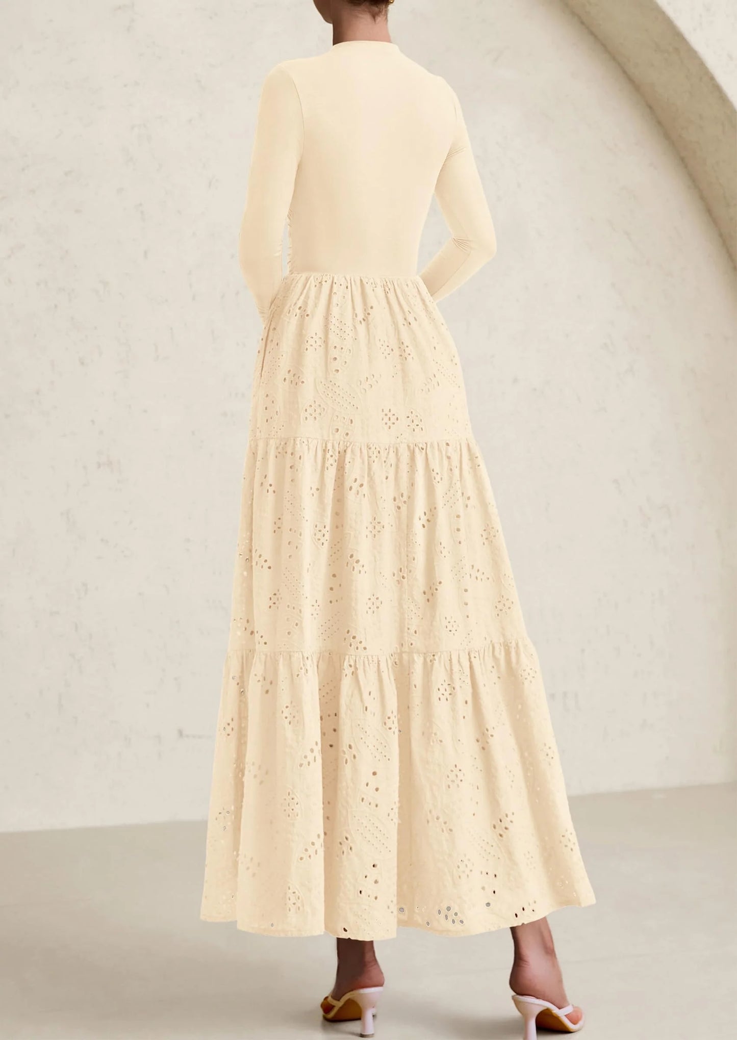 Long Sleeve Dress for Women Fall Eyelet Mock Neck A Line Elegant Classy Maxi Wedding Guest Dresses Pockets