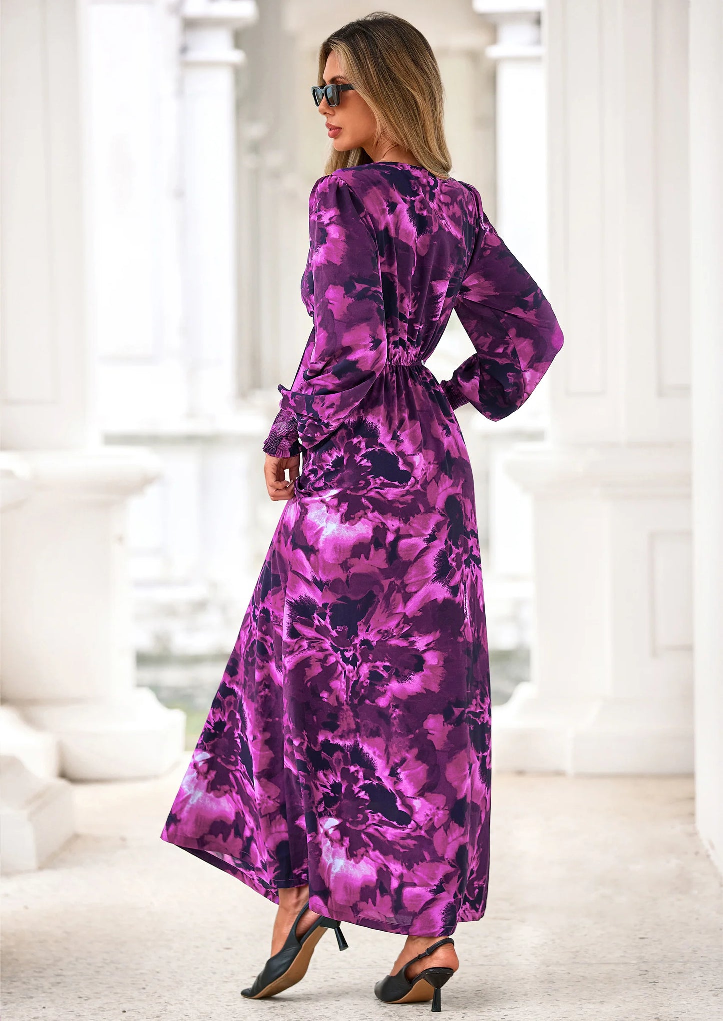 Women's Fall Boho Maxi Dress Floral Long Sleeve V Neck Flowy Belted Elegant Holiday Party Dresses