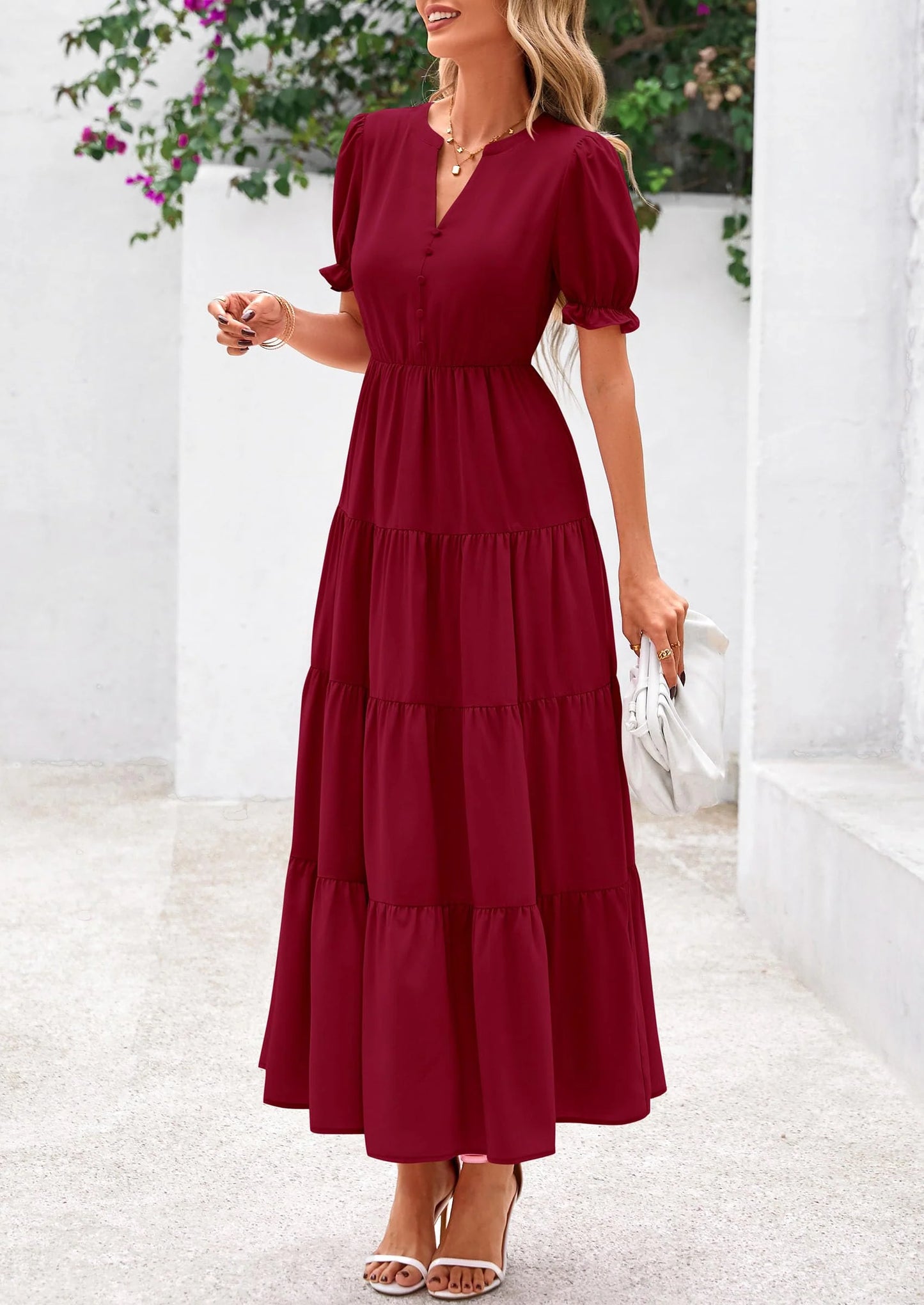 Women's Casual Short Sleeve V Neck Midi Dresses Spring A-line Tiered Wedding Guest Dress