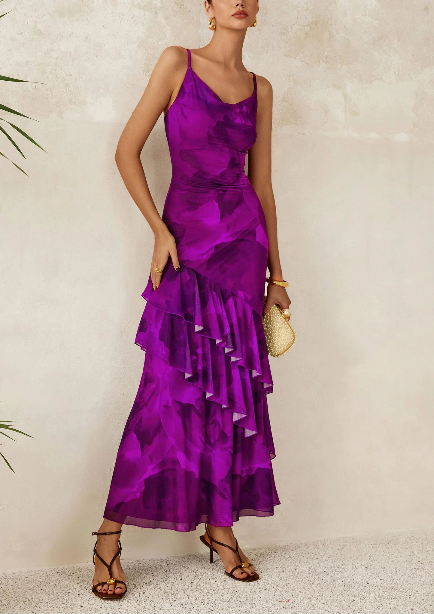 Maxi Dresses for Women Floral Beach Sundress Spaghetti Strap Tiered Wedding Guest Long Dress